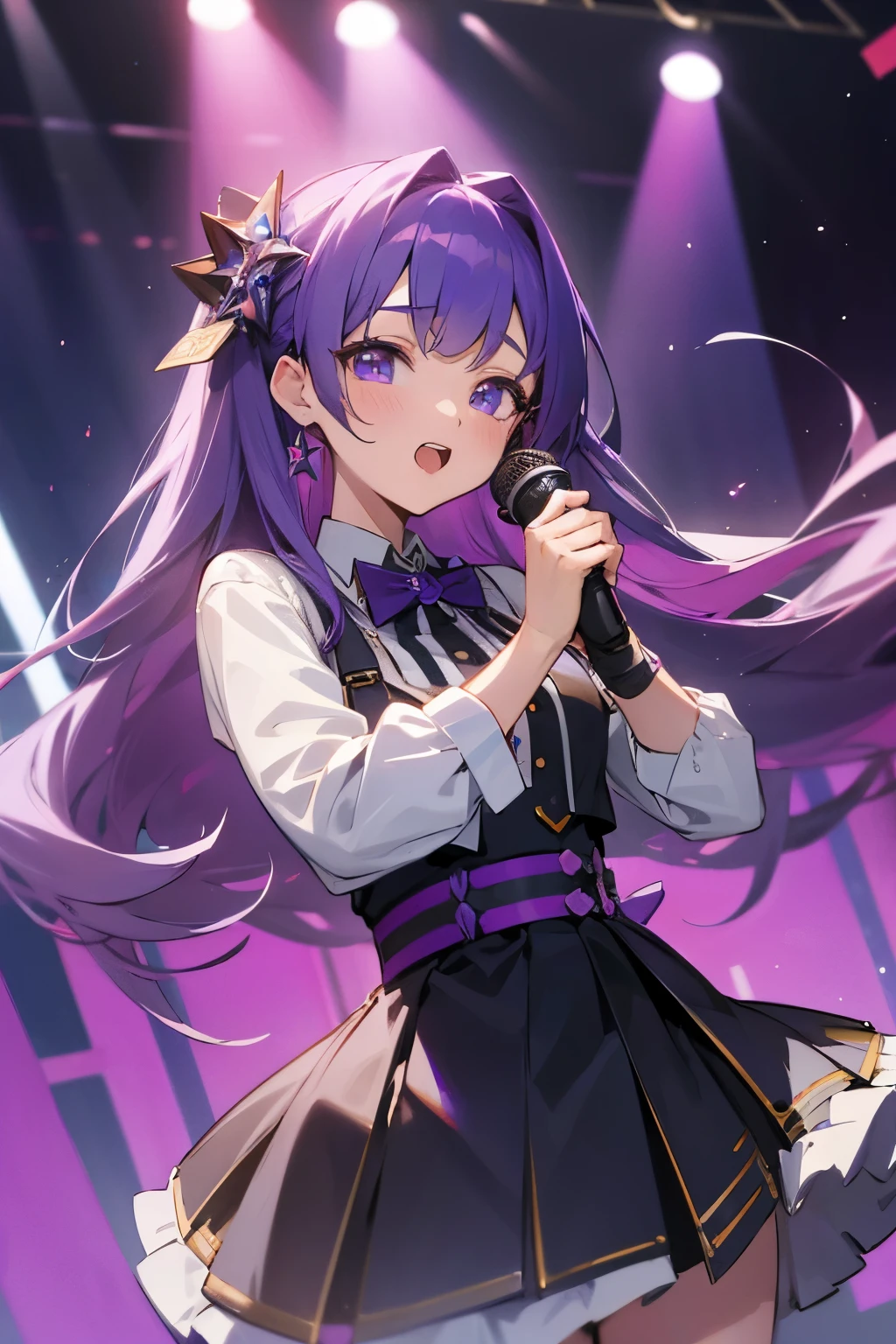 (masterpiece、highest quality)、VTUBER idols are singing songs、facing the front、purple hair