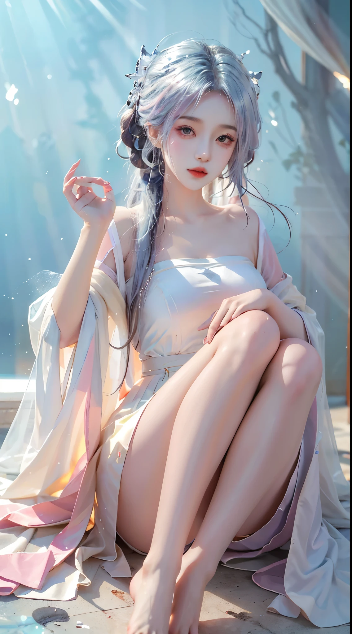 ((knee shot)),（masterpiece、best quality、high resolution），（Colorful background，（splash of color）），sweet girl，Light blue and white medium length hair，[light blue|pink]hair，curls，shiny，红pink的嘴唇，The cracks are relatively large，splash of color，Volumetric lighting，plump breasts, elegant gesture, Sexy slender legs