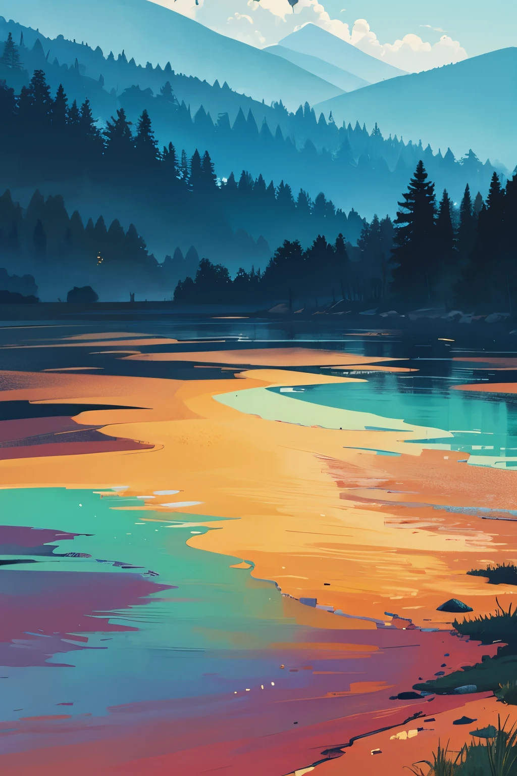 landscape pictures、color block、abstract painting,Three colors