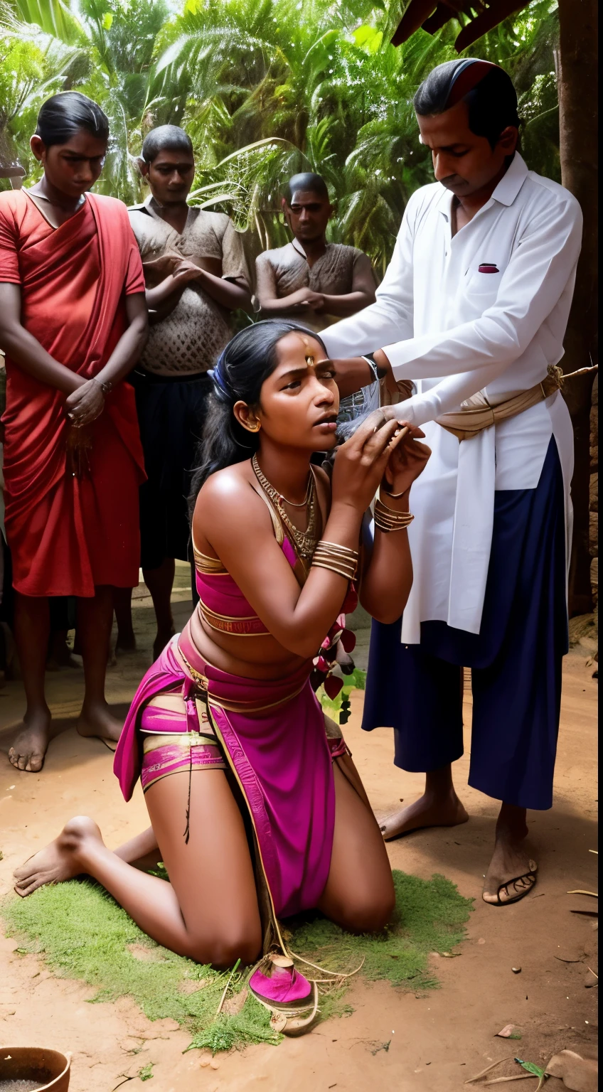 ,sword to ,sacrifice her. This is a Sri Lankan rural virgin sacrifice. bondage, gag, Human sacrifice , Handcuff behind, Cleave gag, Bit gag During a sacrifice. A Sri Lankan woman's hand are tied back and suspended as a human sacrifice. She is kneeling at the altar. She is about 23 years old. She is scared and in tears. She is tied and cannot escape. She had her mouth tied with a piece of cloth to prevent her from screaming. A priest holds a traditional sword to sacrifice her. This is a Sri Lankan rural virgin sacrifice.