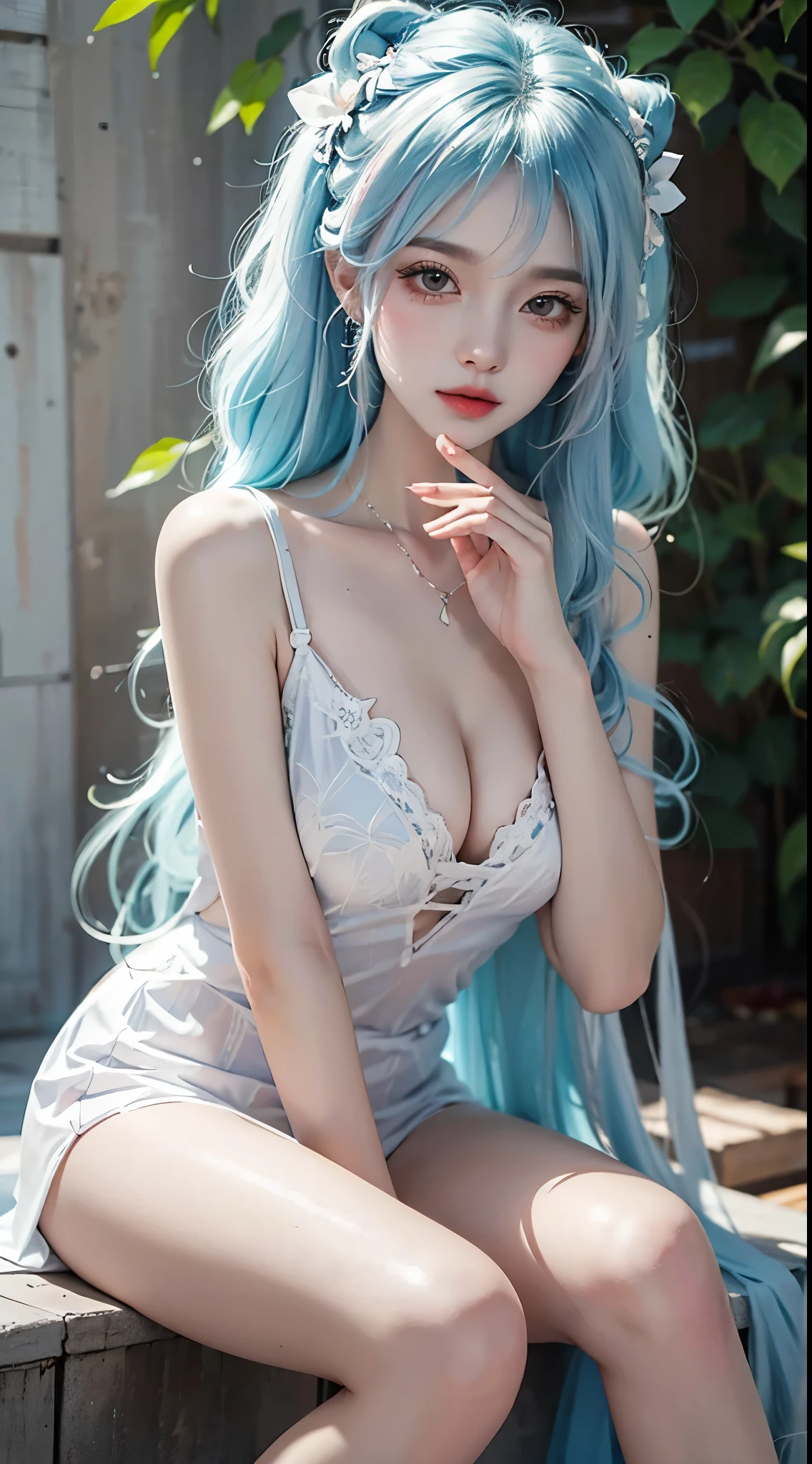 ((knee shot)),（masterpiece、best quality、high resolution），（Colorful background，（splash of color）），sweet girl，Light blue and white medium length hair，[light blue|pink]hair，curls，shiny，红pink的嘴唇，The cracks are relatively large，splash of color，Volumetric lighting，plump breasts, elegant gesture, Sexy slender legs