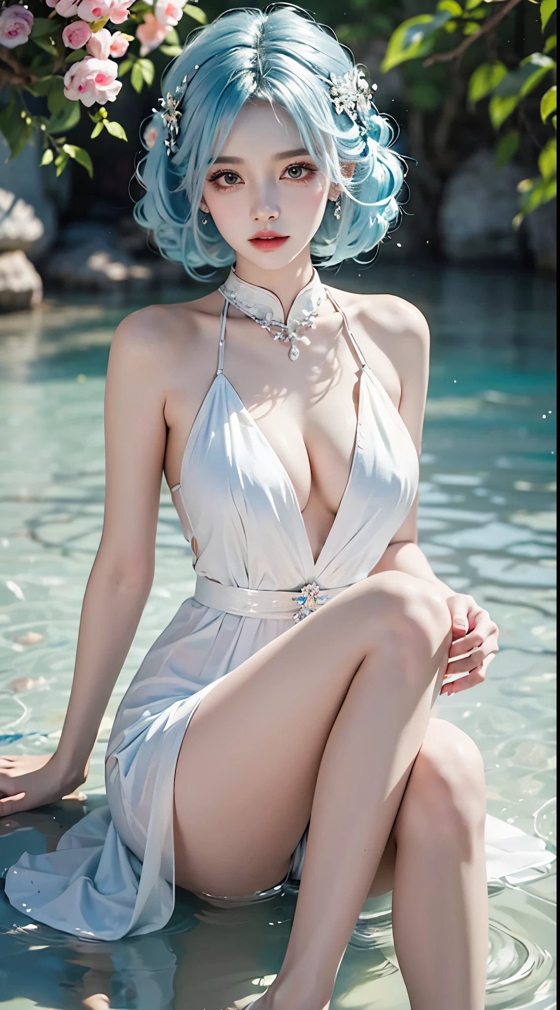 ((knee shot)),（masterpiece、best quality、high resolution），（Colorful background，（splash of color）），sweet girl，Light blue and white medium length hair，[light blue|pink]hair，curls，shiny，红pink的嘴唇，The cracks are relatively large，splash of color，Volumetric lighting，plump breasts, elegant gesture, Sexy slender legs