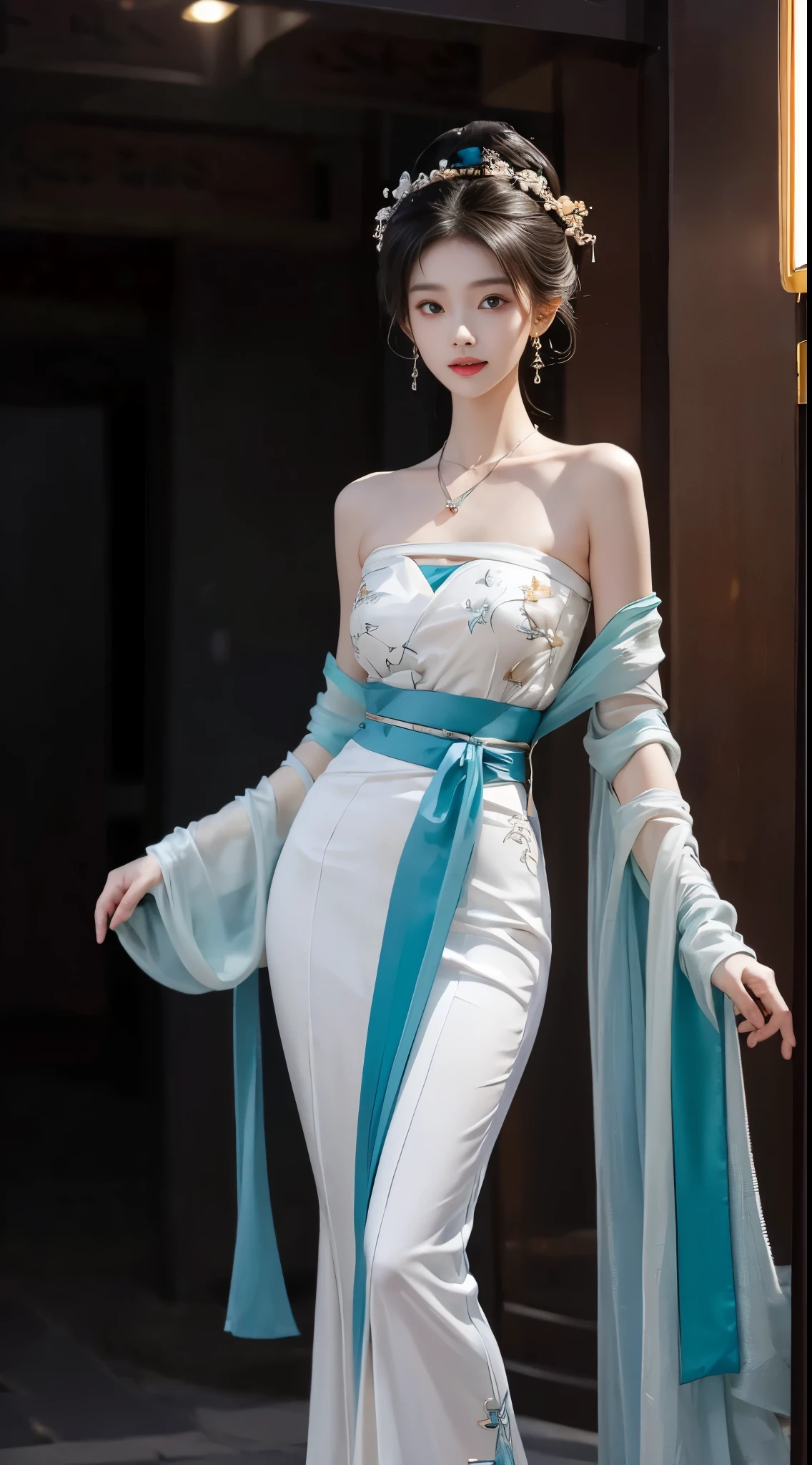 hanfu-song, hanfu, song theme, bandeau, tube top, ((whole body)), ((from below)), ((gufeng,bare shoulders)), clear face, pretty face, 8k, masterpiece, original photo, best quality, detail:1.2,lifelike, detail, Very detailed, CG, Unite, wallpaper, depth of field, movie light, lens flare, Ray tracing, (extremely beautiful face, beautiful lips, beautiful eyes), complex, detail的脸, ((ultra detailed skin)), 1 girl, in the darkness, deep shadow, beautiful korean girl, kpop idol,(Very slim figure:1.3), plump breasts, Slender sexy legs, elegant posture, (bright smile), (City night, (neon lights), (night), beautiful korean girl, white diamond earrings, diameter bracelet, Dia Necklace, clear eyes, facing forward, (big eyes)