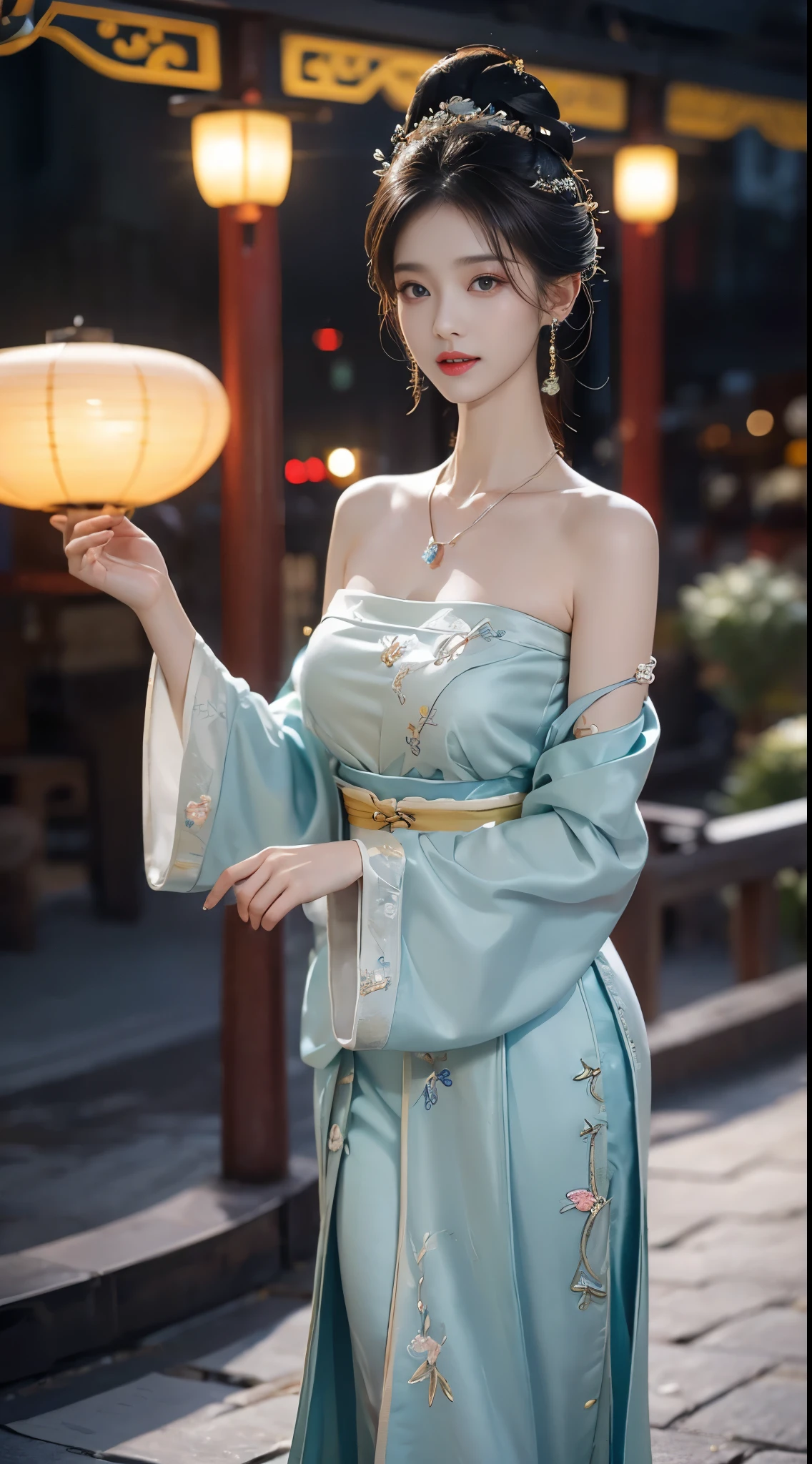 hanfu-song, hanfu, song theme, bandeau, tube top, ((whole body)), ((from below)), ((gufeng,bare shoulders)), clear face, pretty face, 8k, masterpiece, original photo, best quality, detail:1.2,lifelike, detail, Very detailed, CG, Unite, wallpaper, depth of field, movie light, lens flare, Ray tracing, (extremely beautiful face, beautiful lips, beautiful eyes), complex, detail的脸, ((ultra detailed skin)), 1 girl, in the darkness, deep shadow, beautiful korean girl, kpop idol,(Very slim figure:1.3), plump breasts, Slender sexy legs, elegant posture, (bright smile), (City night, (neon lights), (night), beautiful korean girl, white diamond earrings, diameter bracelet, Dia Necklace, clear eyes, facing forward, (big eyes)