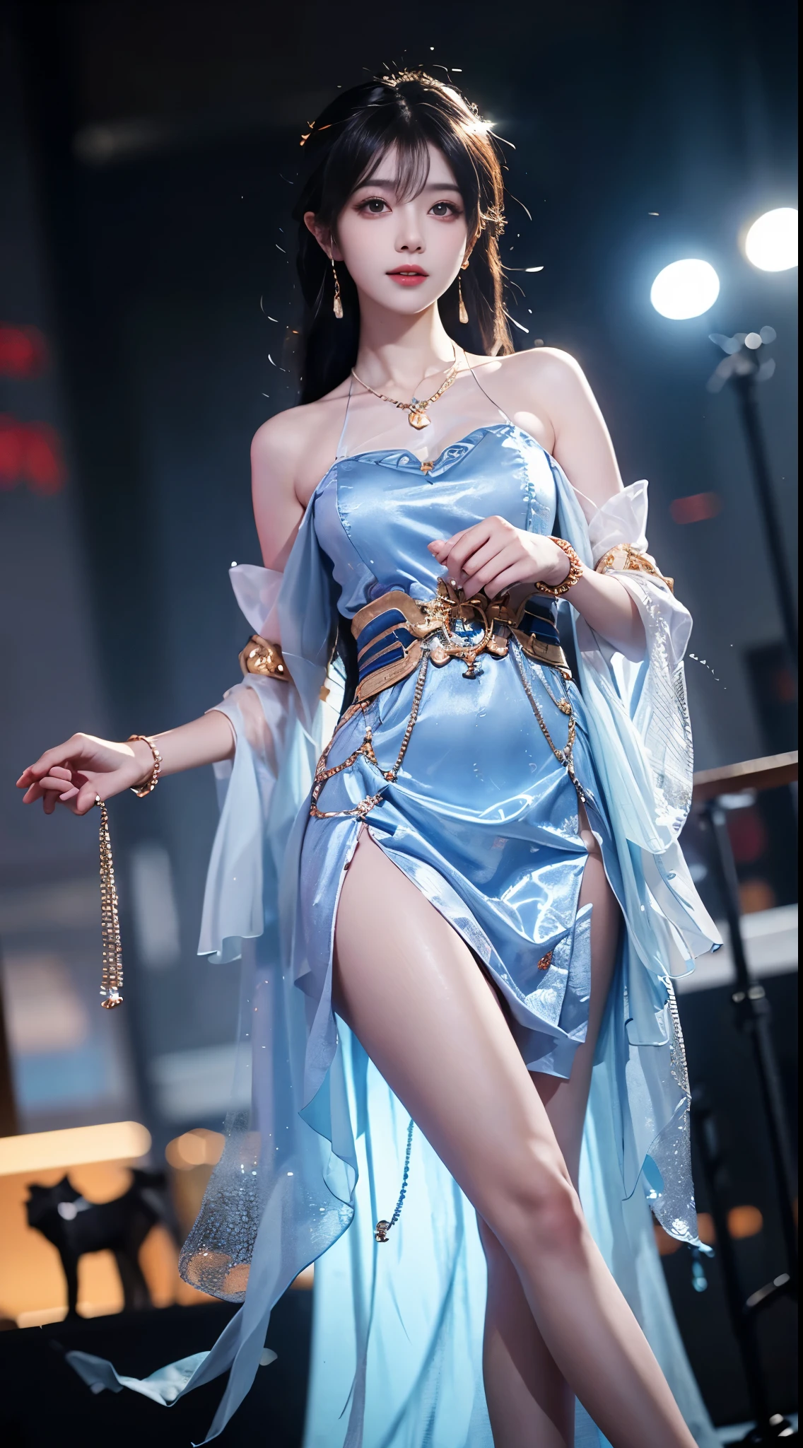 yinziping,china dress, ((whole body)), ((from below)), ((gufeng,bare shoulders)), clear face, pretty face, 8k, masterpiece, original photo, best quality, detail:1.2,lifelike, detail, Very detailed, CG, Unite, wallpaper, depth of field, movie light, lens flare, Ray tracing, (extremely beautiful face, beautiful lips, beautiful eyes), complex, detail的脸, ((ultra detailed skin)), 1 girl, in the darkness, deep shadow, beautiful korean girl, kpop idol,(Very slim figure:1.3), plump breasts, Slender sexy legs, elegant posture, (bright smile), (City night, (neon lights), (night), beautiful korean girl, white diamond earrings, diameter bracelet, Dia Necklace, clear eyes, facing forward, (big eyes)