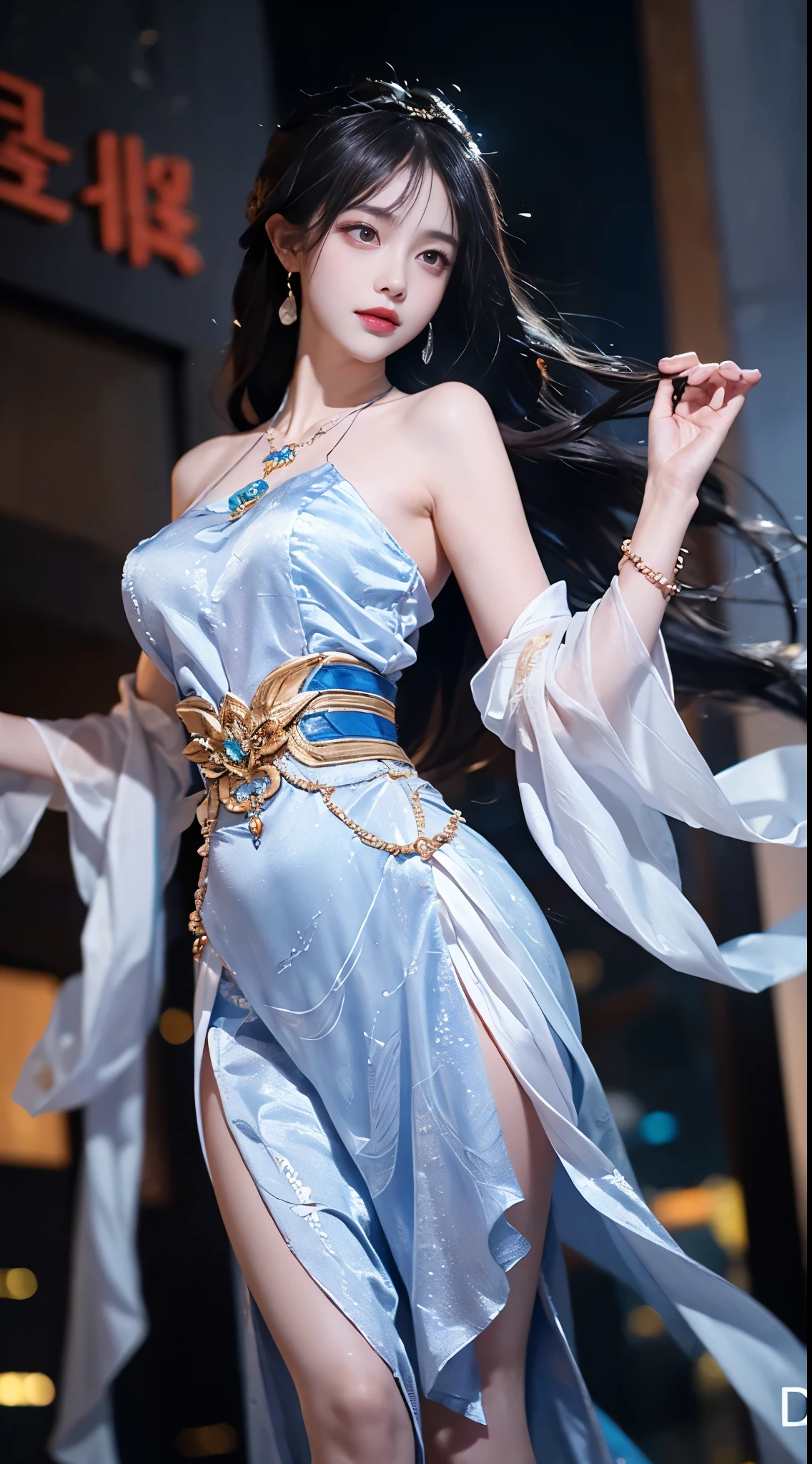 yinziping,china dress, ((whole body)), ((from below)), ((gufeng,bare shoulders)), clear face, pretty face, 8k, masterpiece, original photo, best quality, detail:1.2,lifelike, detail, Very detailed, CG, Unite, wallpaper, depth of field, movie light, lens flare, Ray tracing, (extremely beautiful face, beautiful lips, beautiful eyes), complex, detail的脸, ((ultra detailed skin)), 1 girl, in the darkness, deep shadow, beautiful korean girl, kpop idol,(Very slim figure:1.3), plump breasts, Slender sexy legs, elegant posture, (bright smile), (City night, (neon lights), (night), beautiful korean girl, white diamond earrings, diameter bracelet, Dia Necklace, clear eyes, facing forward, (big eyes)