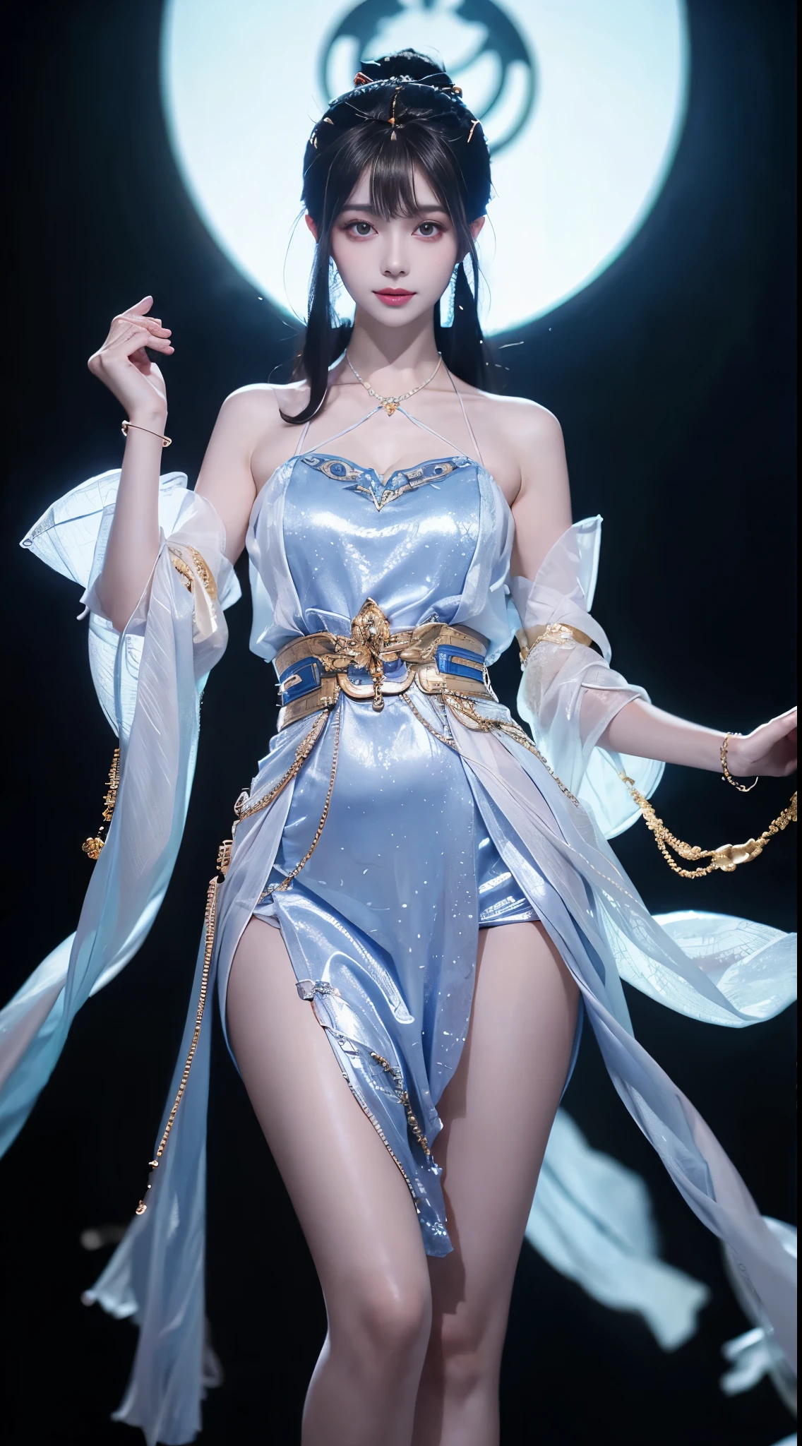 yinziping,china dress, ((whole body)), ((from below)), ((gufeng,bare shoulders)), clear face, pretty face, 8k, masterpiece, original photo, best quality, detail:1.2,lifelike, detail, Very detailed, CG, Unite, wallpaper, depth of field, movie light, lens flare, Ray tracing, (extremely beautiful face, beautiful lips, beautiful eyes), complex, detail的脸, ((ultra detailed skin)), 1 girl, in the darkness, deep shadow, beautiful korean girl, kpop idol,(Very slim figure:1.3), plump breasts, Slender sexy legs, elegant posture, (bright smile), (City night, (neon lights), (night), beautiful korean girl, white diamond earrings, diameter bracelet, Dia Necklace, clear eyes, facing forward, (big eyes)