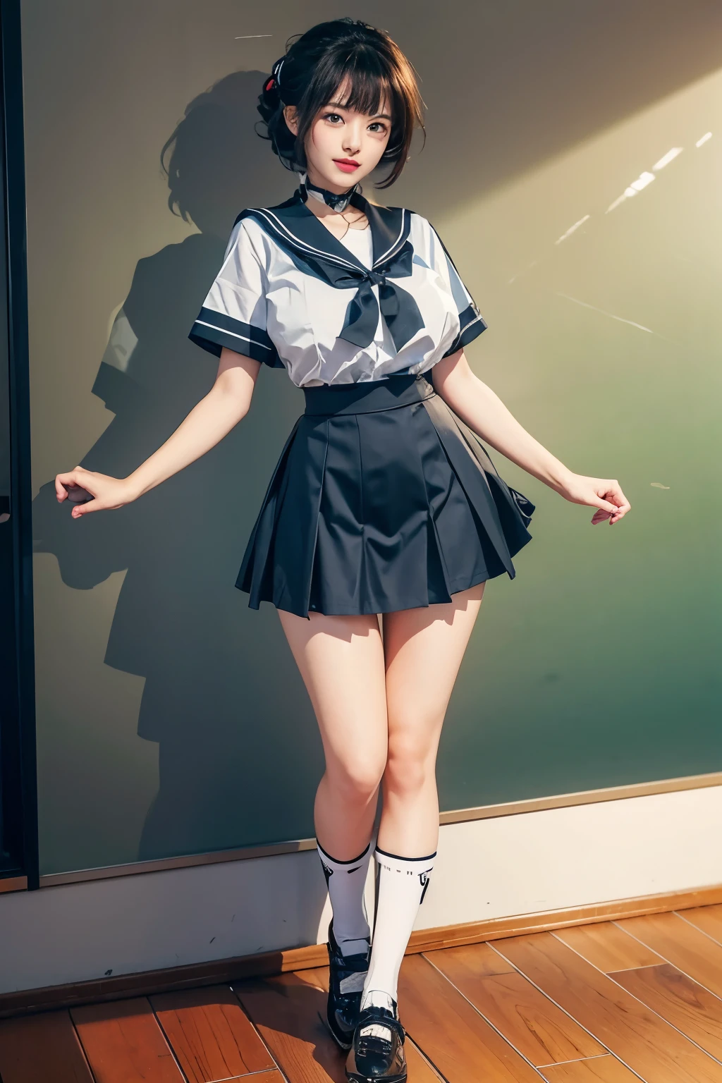 handcuffs,(((masterpiece))), (8K, expensive_solve), (clear_image), Highly detailed CG, ((Highest quality), Beautiful eyes and fine face, (Long Hair,topknot,sideburns,dark brown hair,Big white ribbons of hair,bright,flower hair ornament),(bashful:1.6),(open mouth:0.8),gleaming skin,(sweat,perspired:1.6),over-kneehighs,black lowleg skirt,white collared shirt,bowtie