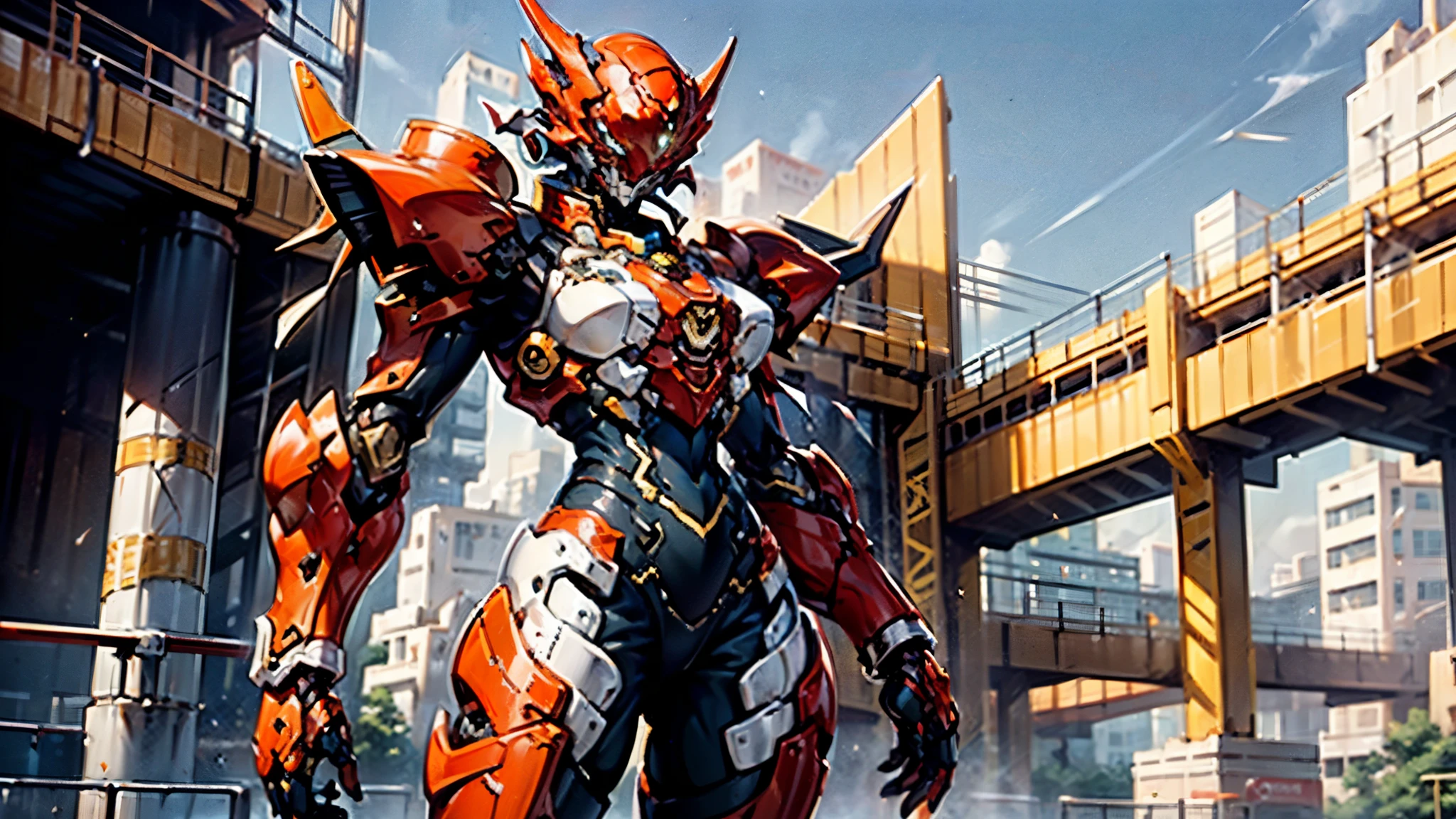 A woman adorned in fantasy-style full-body armor, a crown-concept fully enclosed helmet that unveils only her eyes, a composite layered chest plate, fully encompassing shoulder and hand guards, a lightweight waist armor, form-fitting shin guards, the overall design is heavy-duty yet flexible, ((the armor gleams with a golden glow, complemented by red and blue accents)), exhibiting a noble aura, she floats above a fantasy-surreal high-tech city, this character embodies a finely crafted fantasy-surreal style armored hero in anime style, exquisite and mature manga art style, (Queen bee mixed with Spider concept Armor, plasma, blood), ((Element, energy, elegant, goddess, femminine:1.5)), metallic, high definition, best quality, highres, ultra-detailed, ultra-fine painting, extremely delicate, professional, anatomically correct, symmetrical face, extremely detailed eyes and face, high quality eyes, creativity, RAW photo, UHD, 32k, Natural light, cinematic lighting, masterpiece-anatomy-perfect, masterpiece:1.5
