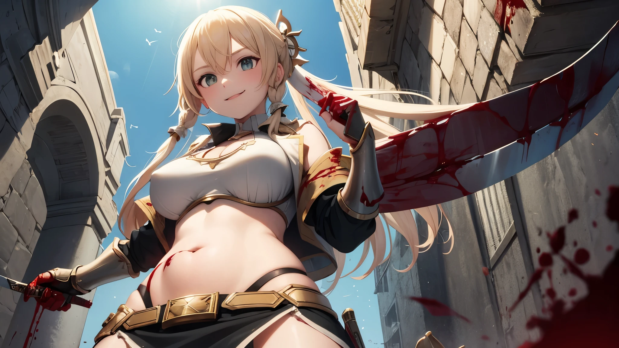 girl 1, belly button, big breasts, femdom,Blood on the body, Blood on the armor, Blood in the belly button, Blood in the stomach, Blood on the breasts, tall, belly buttonに血 ,Blood in the stomach,  gun, knife, sword, war, underwear, kill, Behead, shot from below, sensual, Blood on the breasts, smile