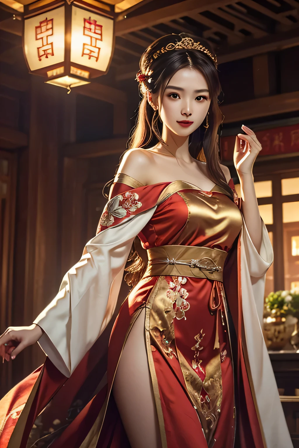 Superb Quality, Masterpiece, High Resolution, (Exquisite Body: 1.5), Beauty, Bare Shoulders, Extra Large Breasts (2.5) Wide Buttocks, Thin Waist, Stunning Beauty, (Milky Skin: 1.3), Exquisite Details, High Resolution, Wallpaper, 1 Woman, Solo, smile, Dress, Hair Accessories, (((Golden Red Dress)) ), Flower, Long Hair, Brown Hair, Shut Up, Accessories, Long Sleeves, Raised Hands, Wide Sleeves, Big Eyes, Flowing Hair, Hanfu, Hanfu, Embroidery, Long Dress, Natural Pose, Falling Petals, Indoor, Fanning, Lantern, 16K, HDR, High resolution, depth of field, (film grain: 1.1), Bocon, prime time, (lens flare), vignetting, rainbow, (color grading: 1.5)