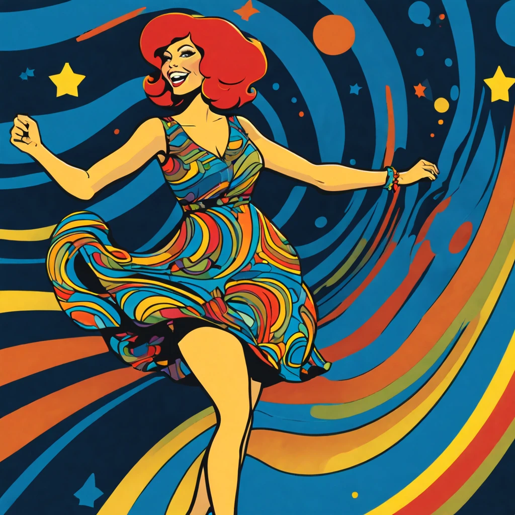 Cartoon image of a woman in a dress and red hair, 70s ,American woman dancing in disco funky smiley art,Slate blue visual effect, 70s colors, 7 0 s color, 70s psychedelic style, inspired by buckley hendricks, 70s poster, 70s retro art, funk art, 1 9 7 0 s , African psychedelic music, funkdlick, from the 1970s