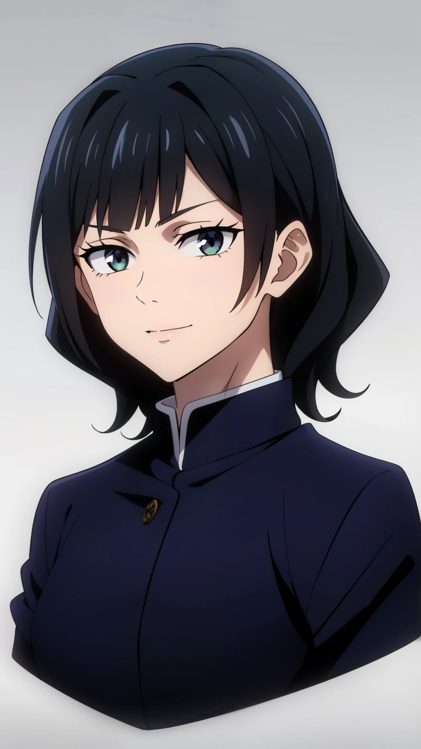 (high-quality, breathtaking),(expressive eyes, perfect face) 1girl, female, solo, teenager, black hair, bright meadow green eye color, medium hair length, looking at viewer, half body, bright smile, kind face, cheerful expression, slightly tanned skin, dark black blue long sleeved shirt, collared shirt, dark black blue pants, jujutsu kaisen uniform, jujutsu high school uniform, flowy hair, feminine face, wavy curly hair, grey background, portrait, Elysia inspired hairstyle, small sunflower, stylized hairstyle, Sparkle inspired
