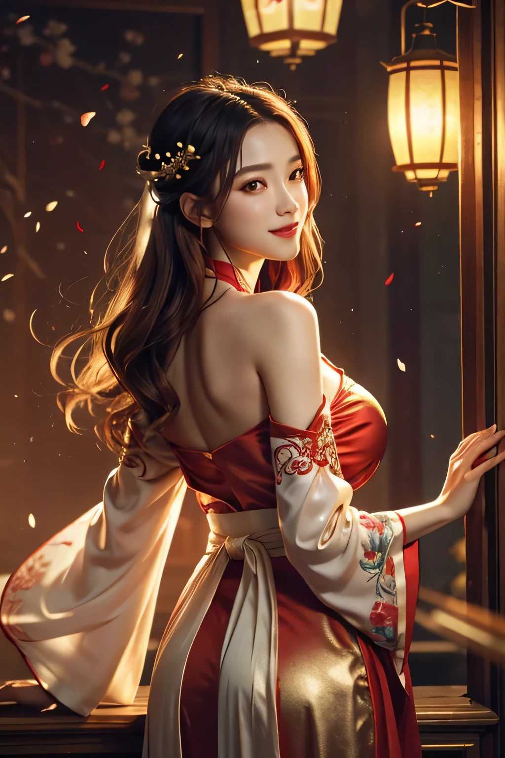 Superb Quality, Masterpiece, High Resolution, (Exquisite Body: 1.5), Beauty, Bare Shoulders, Extra Large Breasts (2.5) Wide Buttocks, Thin Waist, Stunning Beauty, (Milky Skin: 1.3), Exquisite Details, High Resolution, Wallpaper, 1 Woman, Solo, smile, Dress, Hair Accessories, (((Golden Red Dress)) ), Flower, Long Hair, Brown Hair, Shut Up, Accessories, Long Sleeves, Raised Hands, Wide Sleeves, Big Eyes, Flowing Hair, Hanfu, Hanfu, Embroidery, Long Dress, Natural Pose, Falling Petals, Indoor, Fanning, Lantern, 16K, HDR, High resolution, depth of field, (film grain: 1.1), Bocon, prime time, (lens flare), vignetting, rainbow, (color grading: 1.5)