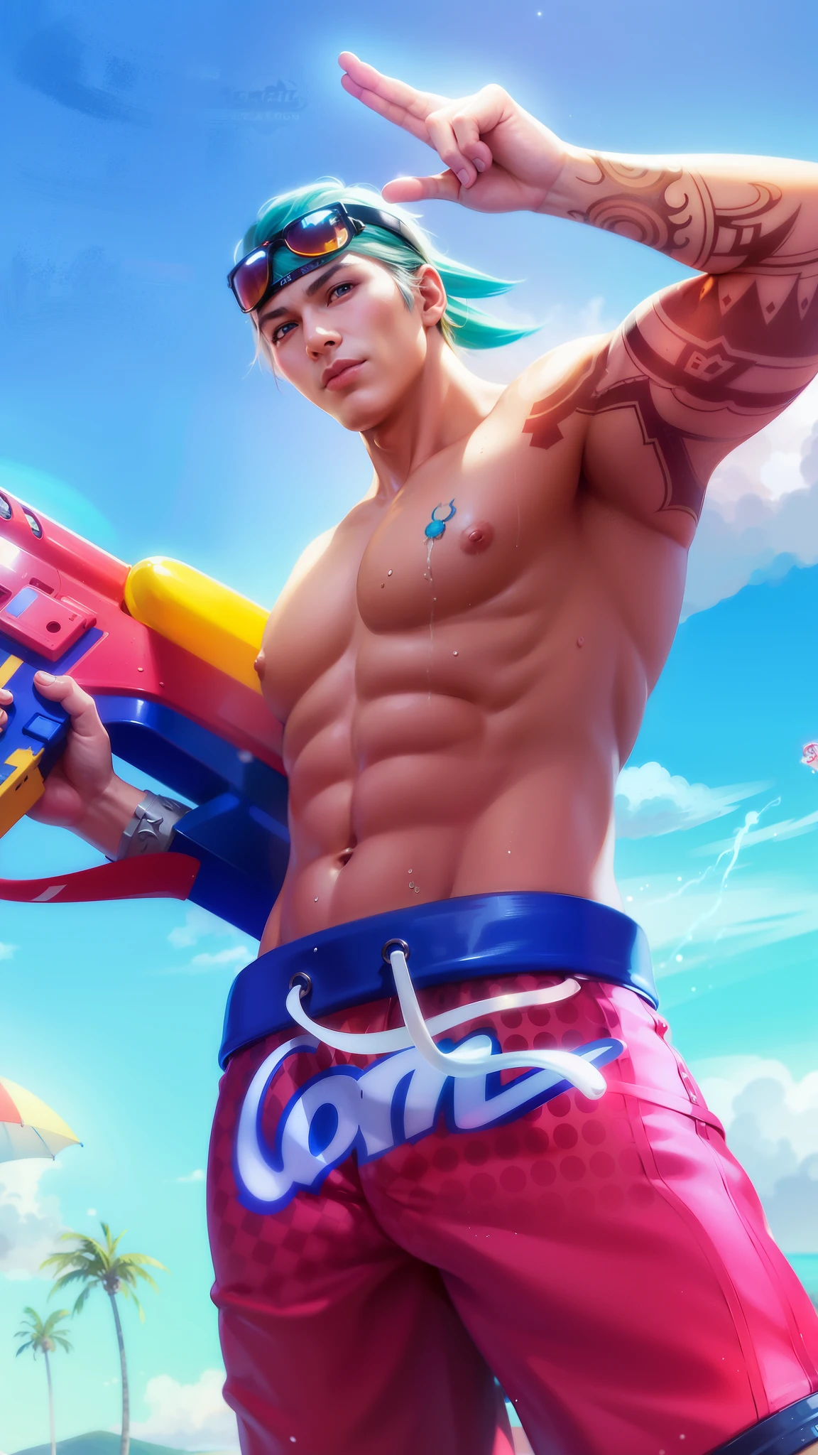 masculine male, masterpiece, ((perfect eyes)) best quality, (semirealism:1.9), beautiful lighting, (extremely detailed CG unity 4k fhd wallpaper), High Detail, Sharp focus, dramatic outdoors, a close up of a person with a surfboard on a beach, rossdraws cartoon vibrant, epic digital art illustration, shirtless :: high detail, deviantart artstation cgscosiety, splashcreen character art, ross tran 8 k, ross tran style, background artwork, extremely detailed artgerm, rossdraws digital painting, rossdraws 1. 0