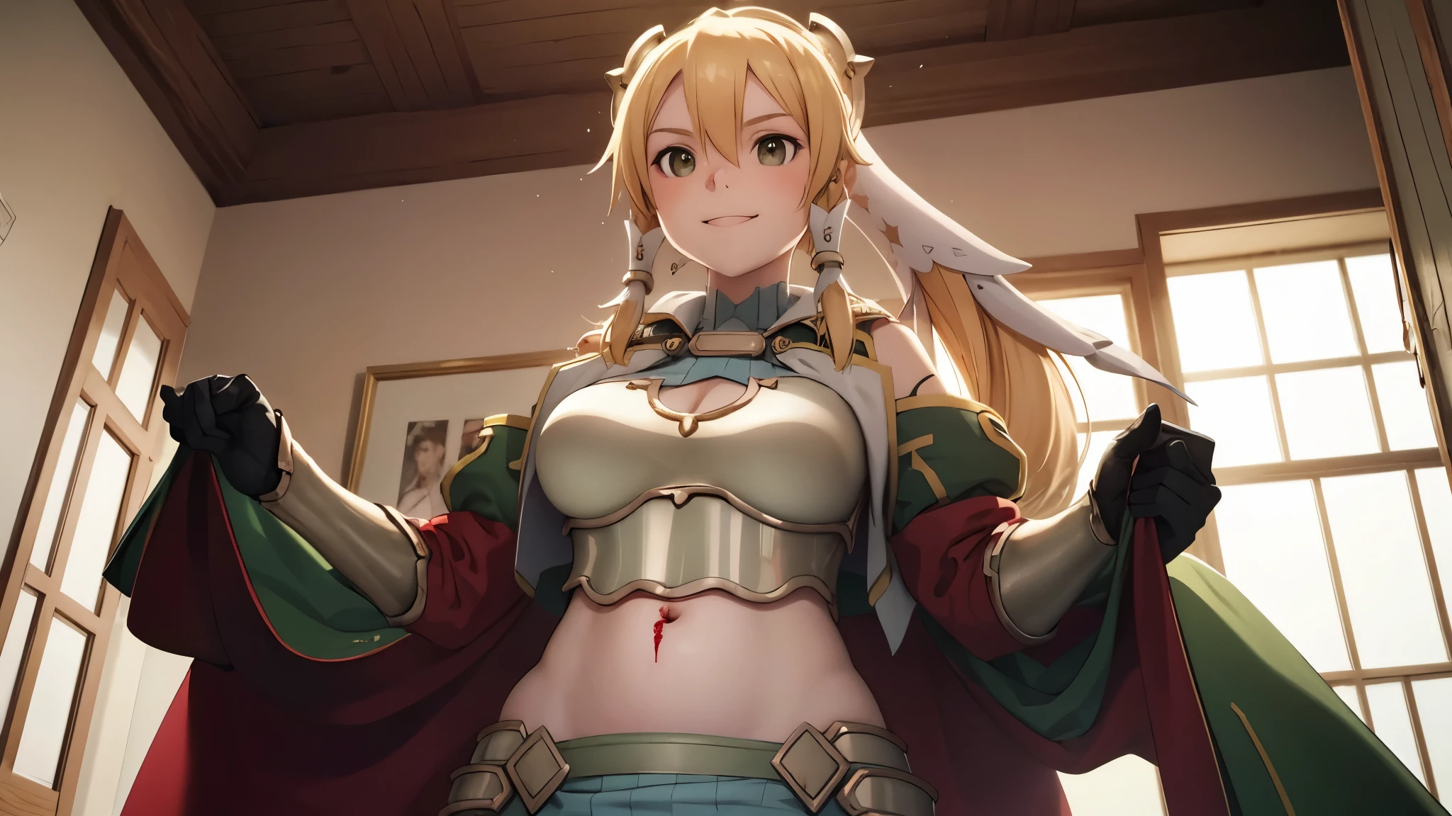 girl 1, belly button, big breasts, femdom, Blood on the armor, Blood in the belly button, Blood in the stomach, Blood on the breasts, tall, belly buttonに血 ,Blood in the stomach,  gun, knife, sword, war, underwear, kill, Behead, shot from below, sensual, Blood on the breasts, smile