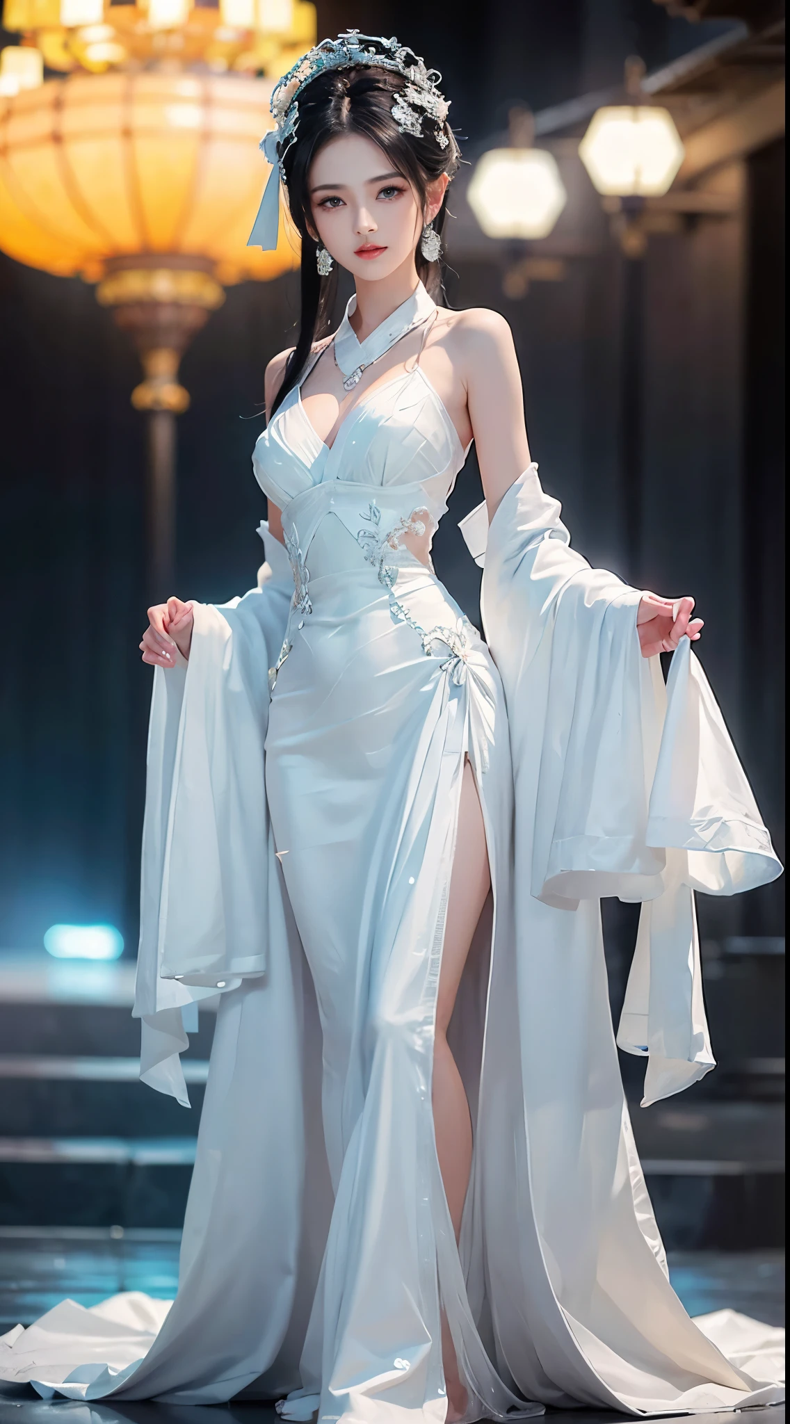 BAINV,, ((whole body)), ((from below)), ((gufeng,bare shoulders)), clear face, pretty face, 8k, masterpiece, original photo, best quality, detail:1.2,lifelike, detail, Very detailed, CG, Unite, wallpaper, depth of field, movie light, lens flare, Ray tracing, (extremely beautiful face, beautiful lips, beautiful eyes), complex, detail的脸, ((ultra detailed skin)), 1 girl, in the darkness, deep shadow, beautiful korean girl, kpop idol,(Very slim figure:1.3), plump breasts, Slender sexy legs, elegant posture, (bright smile), (City night, (neon lights), (night), beautiful korean girl, white diamond earrings, diameter bracelet, Dia Necklace, clear eyes, facing forward, (big eyes)