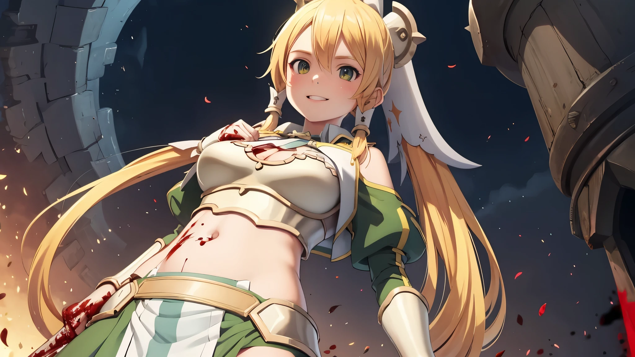 girl 1, belly button, big breasts, femdom, Blood on the armor, Blood in the belly button, Blood in the stomach, Blood on the breasts, tall, belly buttonに血 ,Blood in the stomach,  gun, knife, sword, war, underwear, kill, Behead, shot from below, sensual, Blood on the breasts, smile