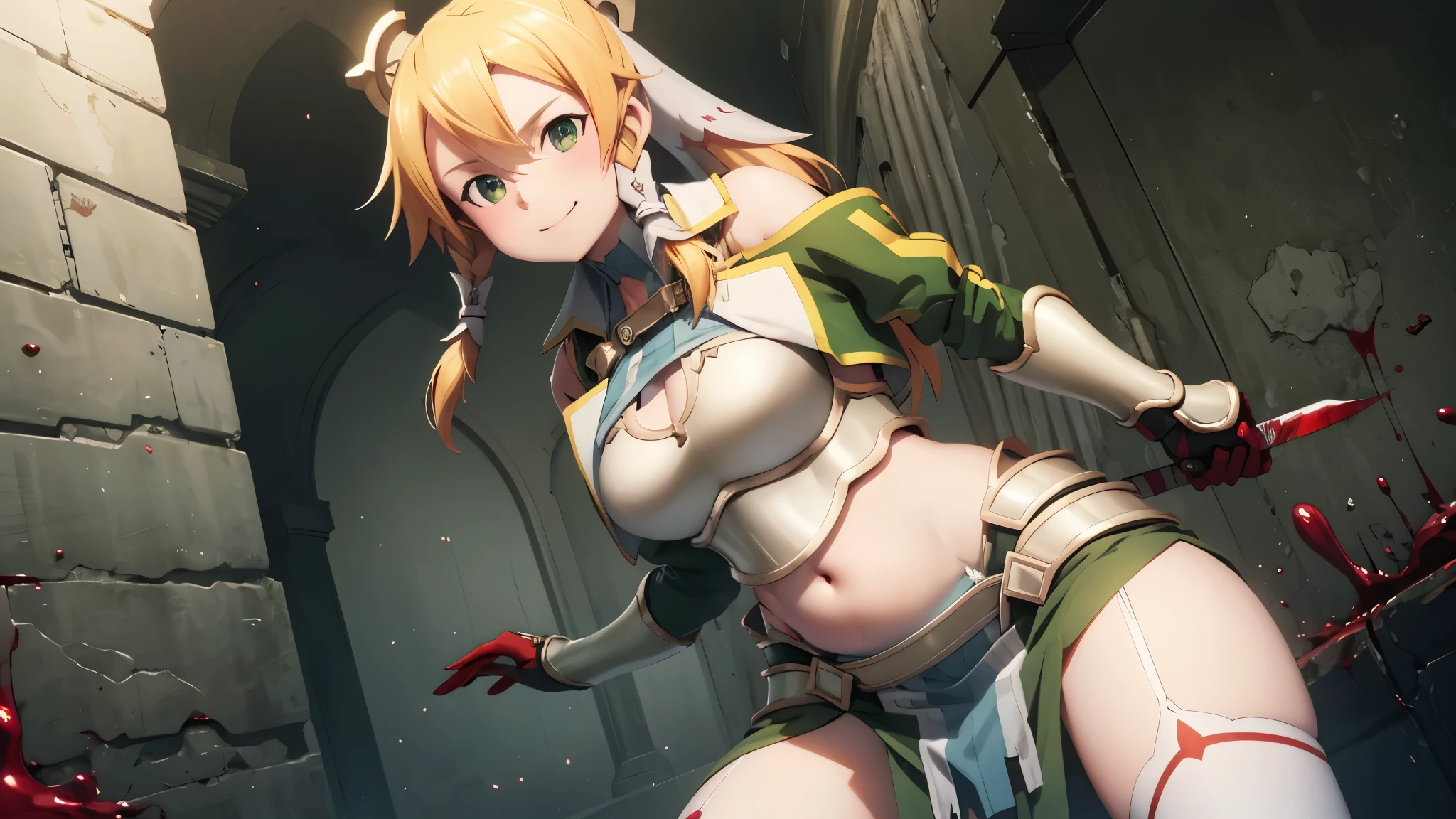 girl 1, belly button, big breasts, femdom, Blood on the armor, Blood in the belly button, Blood in the stomach, Blood on the breasts, tall, belly buttonに血 ,Blood in the stomach,  gun, knife, sword, war, underwear, kill, Behead, shot from below, sensual, Blood on the breasts, smile