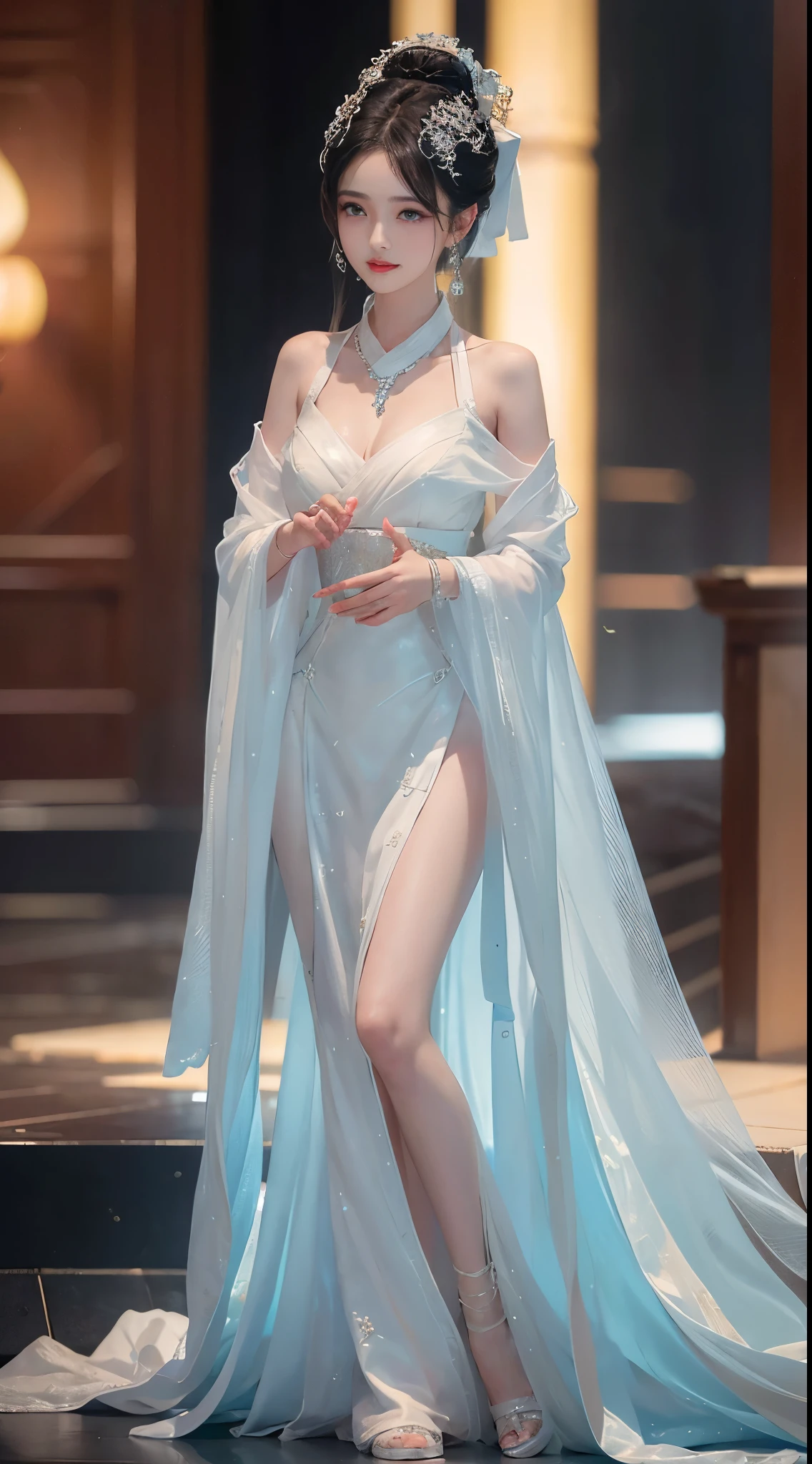 BAINV,, ((whole body)), ((from below)), ((gufeng,bare shoulders)), clear face, pretty face, 8k, masterpiece, original photo, best quality, detail:1.2,lifelike, detail, Very detailed, CG, Unite, wallpaper, depth of field, movie light, lens flare, Ray tracing, (extremely beautiful face, beautiful lips, beautiful eyes), complex, detail的脸, ((ultra detailed skin)), 1 girl, in the darkness, deep shadow, beautiful korean girl, kpop idol,(Very slim figure:1.3), plump breasts, Slender sexy legs, elegant posture, (bright smile), (City night, (neon lights), (night), beautiful korean girl, white diamond earrings, diameter bracelet, Dia Necklace, clear eyes, facing forward, (big eyes)