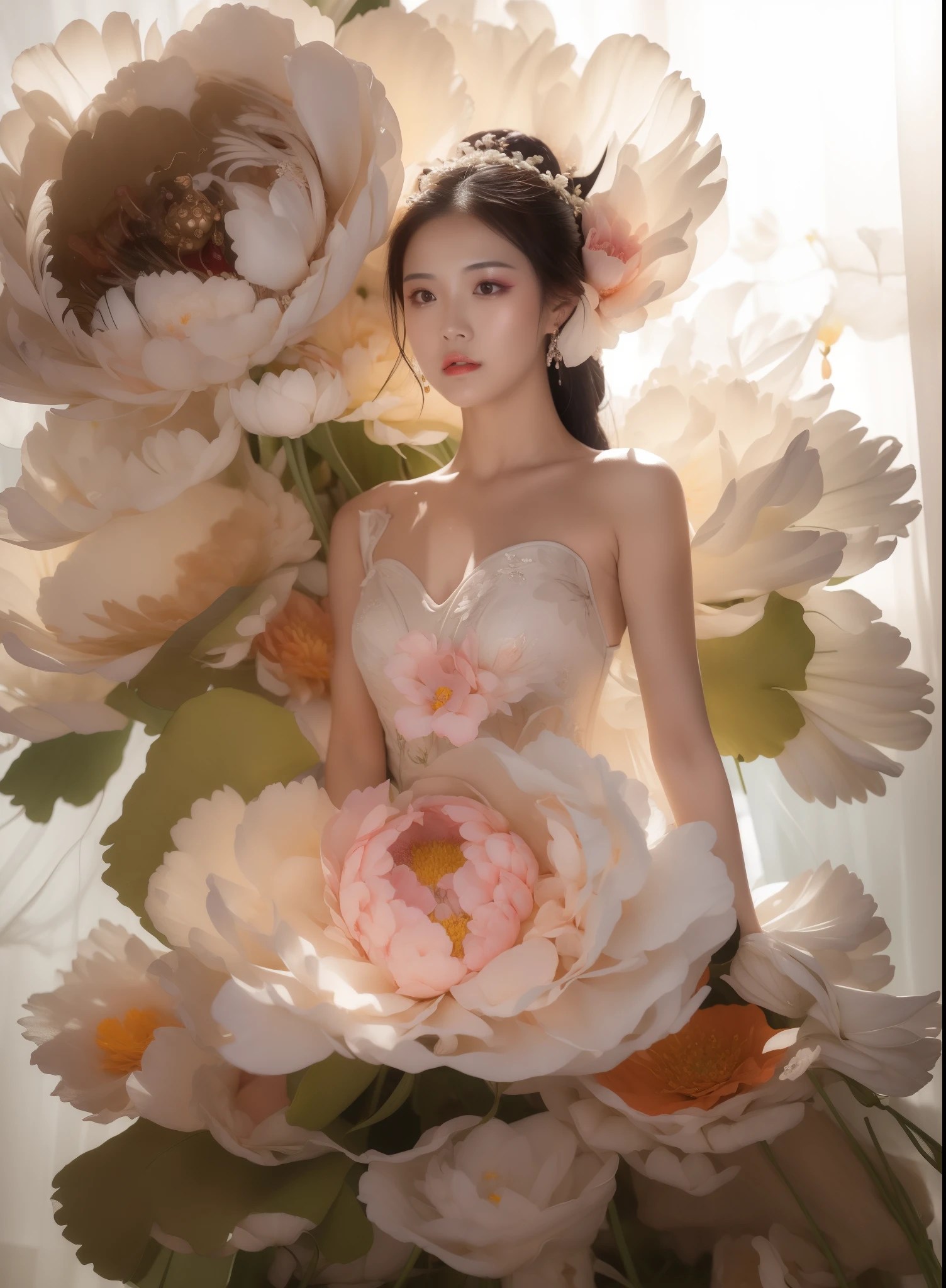 there is a woman in a white dress standing next to a large flower, sha xi, wedding dress, wenfei ye, clothes made out of flower, an intricate dress, wu liu, korean artist, Hungry Ghost Festival, flower dress, wenjun lin, flower goddess, lady with glowing flowers dress, yanjun chengt, xision wu