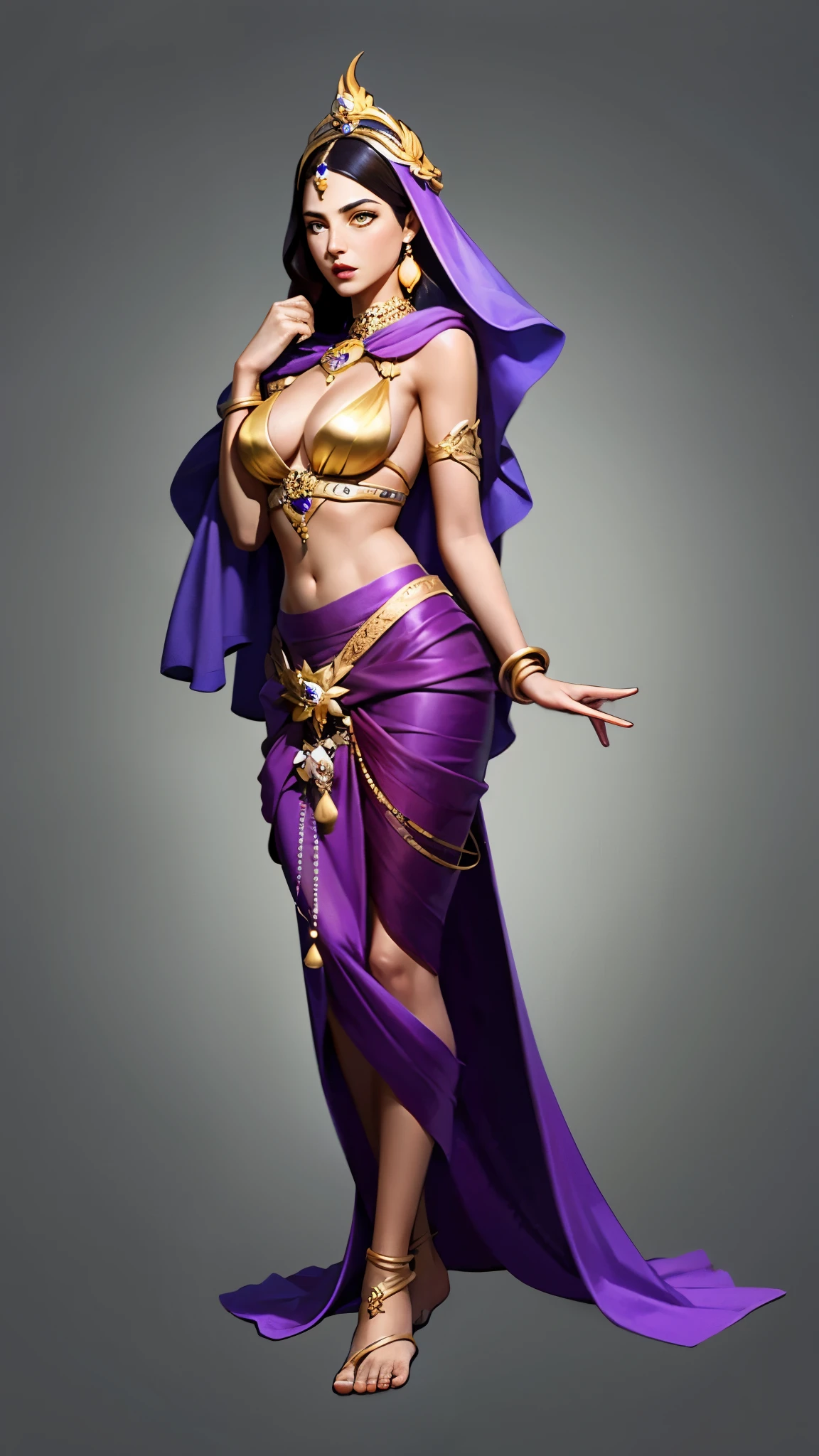 Concept art, hand-drawn drawings, Persian costumes, exotic styles, original character designs, 1girl, solo, jewelry, breasts, barefoot, full body, dark skin, grey background, veil, standing, cleavage, bracelet, fire, dark-skinned female, black hair, brown hair, skirt, yellow eyes, earrings, gradient, short hair, purple skirt, anklet, gradient background, parted lips, simple background, bridal gauntlets
