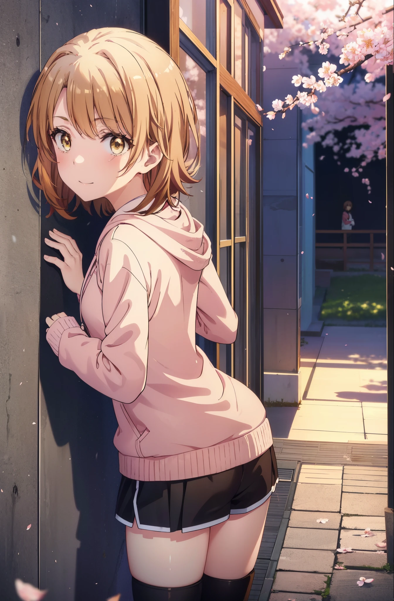 irohaisshiki, iroha isshiki, short hair, brown hair, (brown eyes:1.5), blush,smile,open your mouth,Pink hoodie,shorts,black tights,Knee-high boots,standing with one&#39;s back against the wall,Many cherry blossoms are blooming,Cherry blossoms are scattered,
break indoors, Cherry blossom tree-lined path,
break looking at viewer,
break (masterpiece:1.2), highest quality, High resolution, unity 8k wallpaper, (figure:0.8), (detailed and beautiful eyes:1.6), highly detailed face, perfect lighting, Very detailed CG, (perfect hands, perfect anatomy),