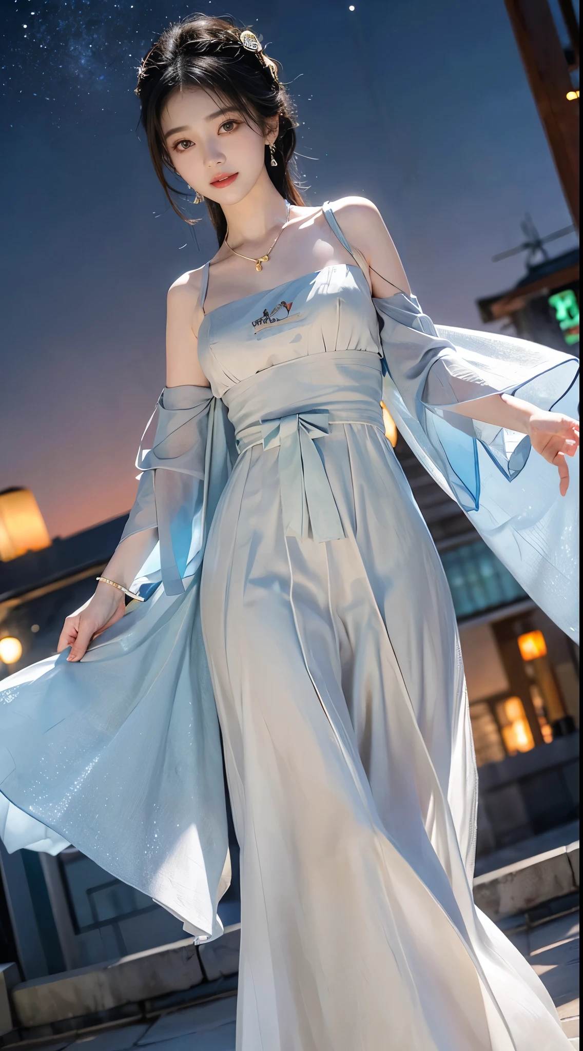 modern hanfu,collarbone, ((whole body)), ((from below)), ((gufeng,bare shoulders)), clear face, pretty face, 8k, masterpiece, original photo, best quality, detail:1.2,lifelike, detail, Very detailed, CG, Unite, wallpaper, depth of field, movie light, lens flare, Ray tracing, (extremely beautiful face, beautiful lips, beautiful eyes), complex, detail的脸, ((ultra detailed skin)), 1 girl, in the darkness, deep shadow, beautiful korean girl, kpop idol,(Very slim figure:1.3), plump breasts, Slender sexy legs, elegant posture, (bright smile), (City night, (neon lights), (night), beautiful korean girl, white diamond earrings, diameter bracelet, Dia Necklace, clear eyes, facing forward, (big eyes)