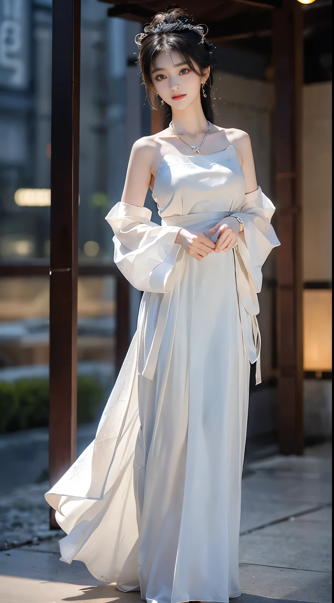 modern hanfu,collarbone, ((whole body)), ((from below)), ((gufeng,bare shoulders)), clear face, pretty face, 8k, masterpiece, original photo, best quality, detail:1.2,lifelike, detail, Very detailed, CG, Unite, wallpaper, depth of field, movie light, lens flare, Ray tracing, (extremely beautiful face, beautiful lips, beautiful eyes), complex, detail的脸, ((ultra detailed skin)), 1 girl, in the darkness, deep shadow, beautiful korean girl, kpop idol,(Very slim figure:1.3), plump breasts, Slender sexy legs, elegant posture, (bright smile), (City night, (neon lights), (night), beautiful korean girl, white diamond earrings, diameter bracelet, Dia Necklace, clear eyes, facing forward, (big eyes)