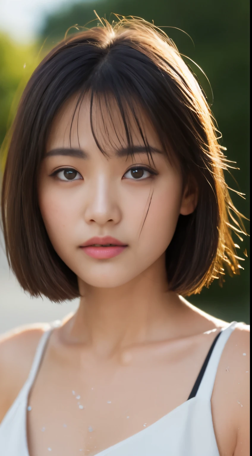((highest quality、8k、masterpiece:1.3))、beautiful realistic japanese、sharp focus:1.2、beautiful woman with perfect body:1.4、slim belly:1.2、((layered haircut、huge bust:1.2))、(perfect anatomy)、 (beautiful limbs、beautiful skin)、 (wet hair,:1.2)、(rainに濡れた白いシャツ)、(rain、street:1.2)、wet body:1.1、Highly detailed face and skin texture、 detailed eye、double eyelid、sunburned肌、Sexy、sunburned、black skin、tanned body、exposed shoulders、cleavage、professional photography、