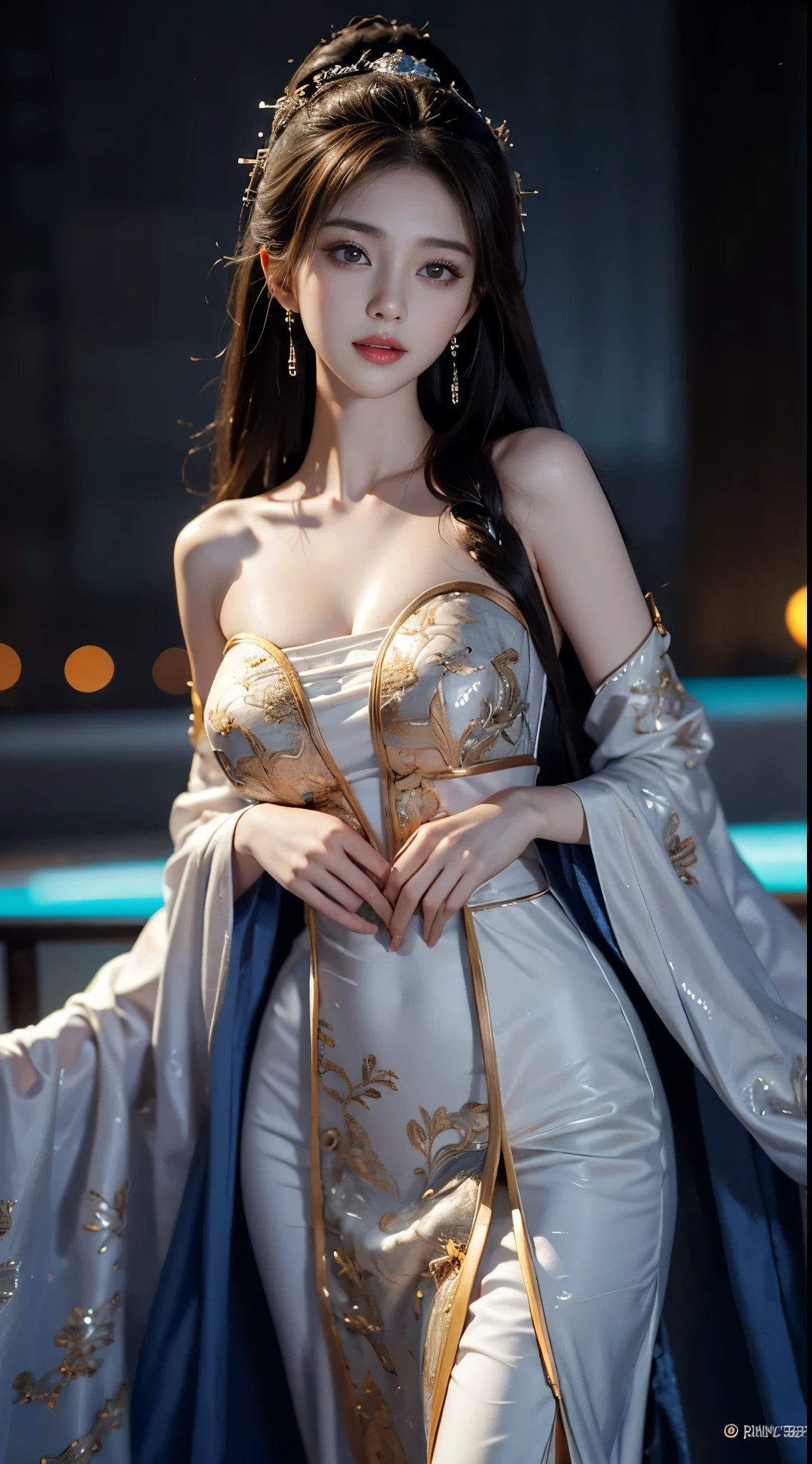 gufeng,bare shoulders, ((whole body)), ((from below)), ((gufeng,bare shoulders)), clear face, pretty face, 8k, masterpiece, original photo, best quality, detail:1.2,lifelike, detail, Very detailed, CG, Unite, wallpaper, depth of field, movie light, lens flare, Ray tracing, (extremely beautiful face, beautiful lips, beautiful eyes), complex, detail的脸, ((ultra detailed skin)), 1 girl, in the darkness, deep shadow, beautiful korean girl, kpop idol,(Very slim figure:1.3), plump breasts, Slender sexy legs, elegant posture, (bright smile), (City night, (neon lights), (night), beautiful korean girl, white diamond earrings, diameter bracelet, Dia Necklace, clear eyes, facing forward, (big eyes)