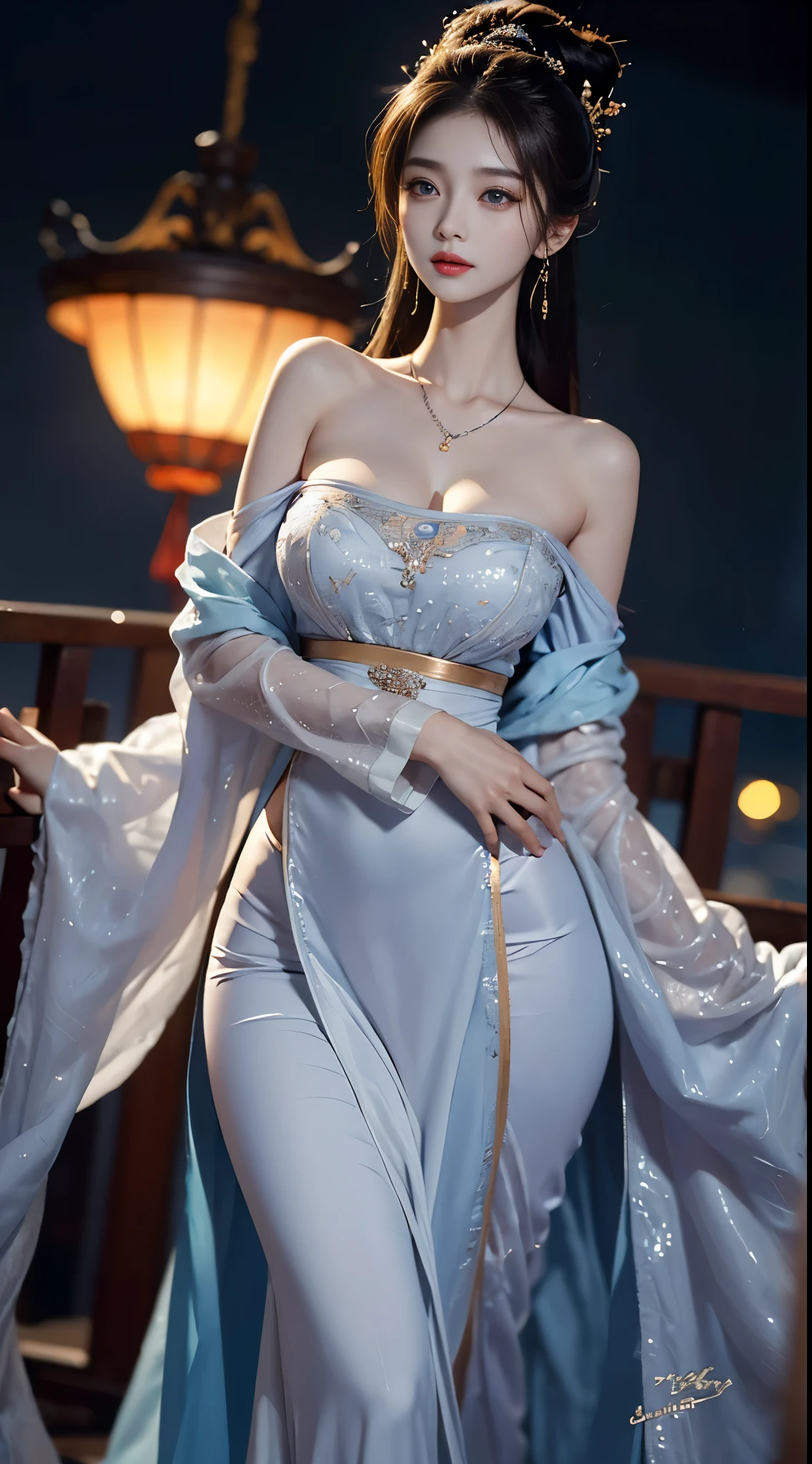 gufeng,bare shoulders, ((whole body)), ((from below)), ((gufeng,bare shoulders)), clear face, pretty face, 8k, masterpiece, original photo, best quality, detail:1.2,lifelike, detail, Very detailed, CG, Unite, wallpaper, depth of field, movie light, lens flare, Ray tracing, (extremely beautiful face, beautiful lips, beautiful eyes), complex, detail的脸, ((ultra detailed skin)), 1 girl, in the darkness, deep shadow, beautiful korean girl, kpop idol,(Very slim figure:1.3), plump breasts, Slender sexy legs, elegant posture, (bright smile), (City night, (neon lights), (night), beautiful korean girl, white diamond earrings, diameter bracelet, Dia Necklace, clear eyes, facing forward, (big eyes)