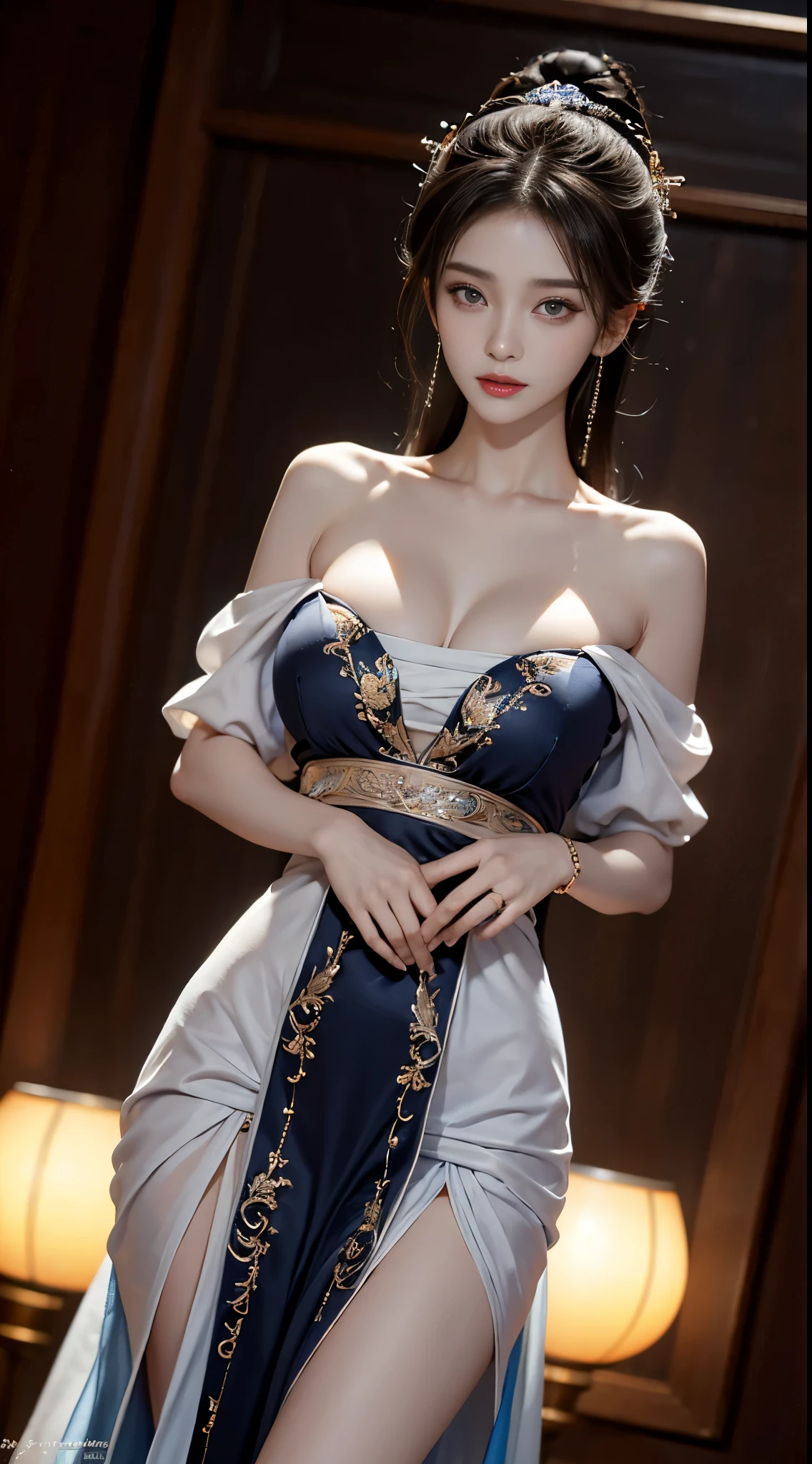 gufeng,bare shoulders, ((whole body)), ((from below)), ((gufeng,bare shoulders)), clear face, pretty face, 8k, masterpiece, original photo, best quality, detail:1.2,lifelike, detail, Very detailed, CG, Unite, wallpaper, depth of field, movie light, lens flare, Ray tracing, (extremely beautiful face, beautiful lips, beautiful eyes), complex, detail的脸, ((ultra detailed skin)), 1 girl, in the darkness, deep shadow, beautiful korean girl, kpop idol,(Very slim figure:1.3), plump breasts, Slender sexy legs, elegant posture, (bright smile), (City night, (neon lights), (night), beautiful korean girl, white diamond earrings, diameter bracelet, Dia Necklace, clear eyes, facing forward, (big eyes)