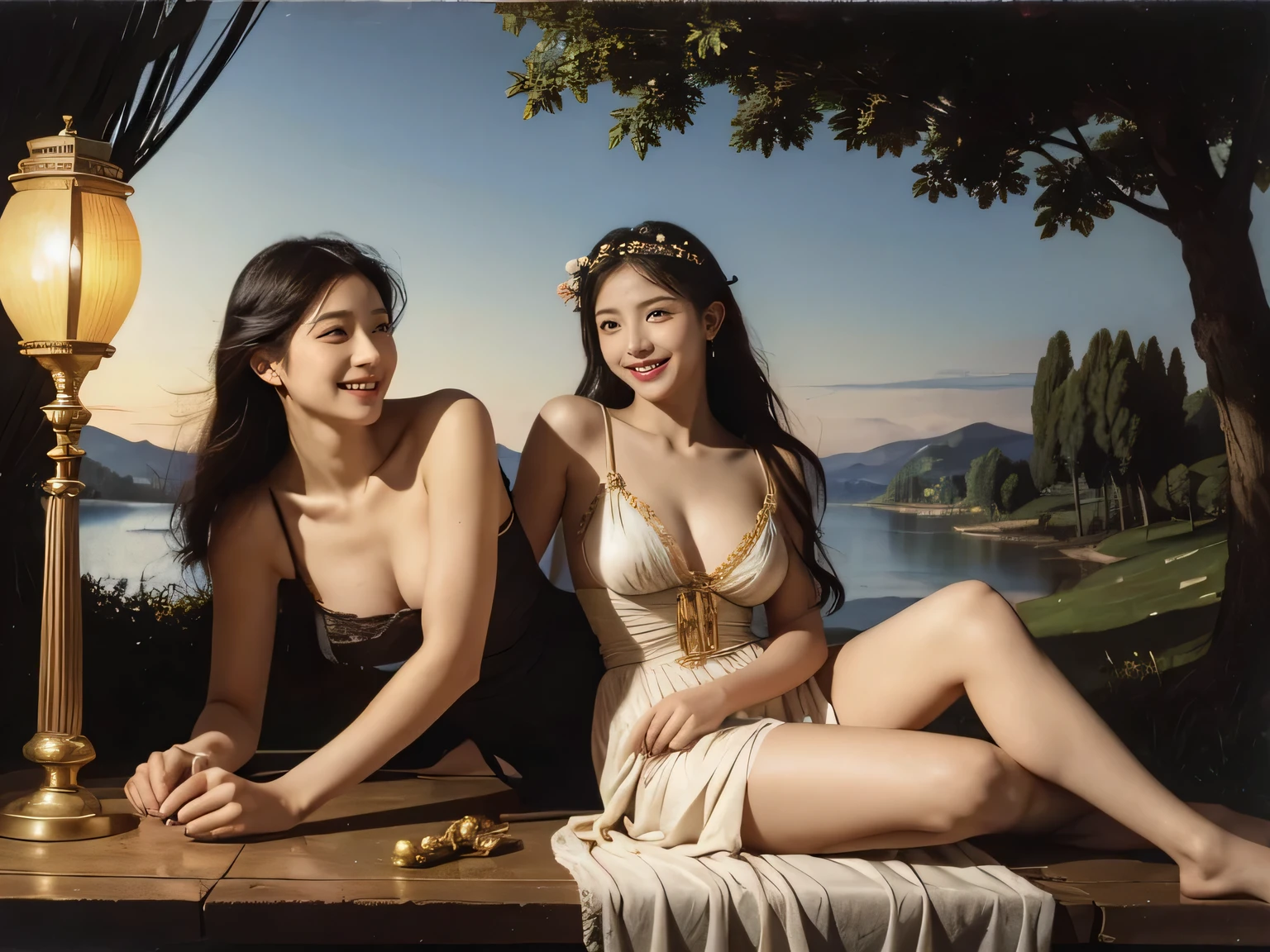 Giorgione'painting style,A conversation between two female philosophers,math、astronomical machine、astronaut、roses in vase、fruits、Cute trinkets、smile、ancient greek costume、The background is a forest lake at night 、Clothes that stretch your shoulders、A big smile、beautiful bare skin、A detailed representation of the seducing woman throughout her body...full body portrait, ancient roman ruins, Poussin style night view, A smile, , sweet and enchanting appearance.、caravaggioの絵画、caravaggio'chiaroscuro、My hair was messed up by the wind, Two women having fun, Cute smile, expression of ecstasy, sexy, erotic