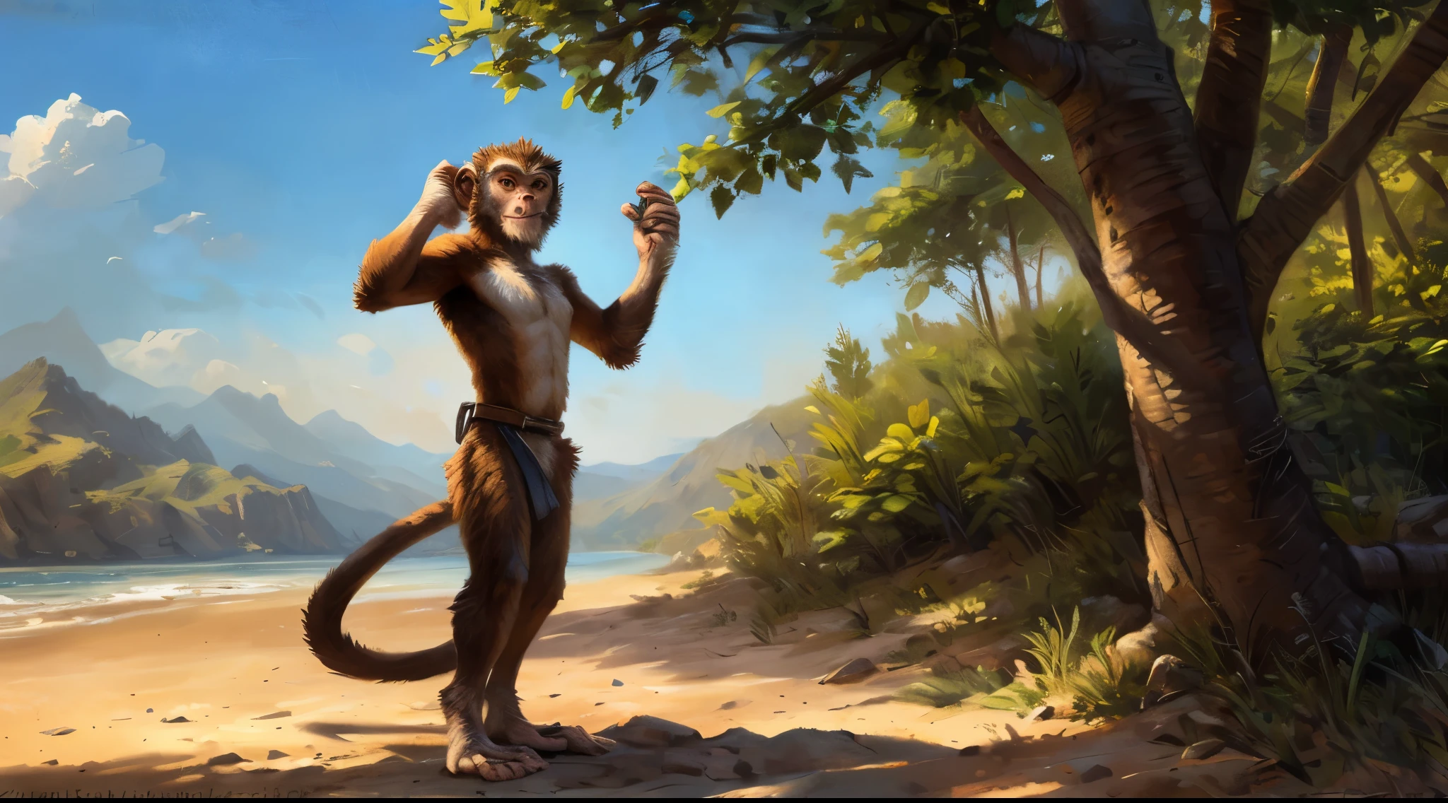 ((A male monkey stands on a beach, holding a tall magical golden spear)) orange fur, white fur, grey fur, orange eyes, standing, hips forward, skinny, slender, small waist, thin, narrow shoulders, short legs, long arms, long forearms, prehensile primate feet, no clothes, leather belt, chunky belt, oversized belts, featureless crotch, bushy pubic fur, thick neck, long monkey tail, full body view, feet on ground, shaggy fur, detailed fur texture, perfect eyes, hot sunlight, bright light, sunny day, summer day, trees, sand, relaxed looking at camera, solo, alone, (by kenket), (by Taran Fiddler)