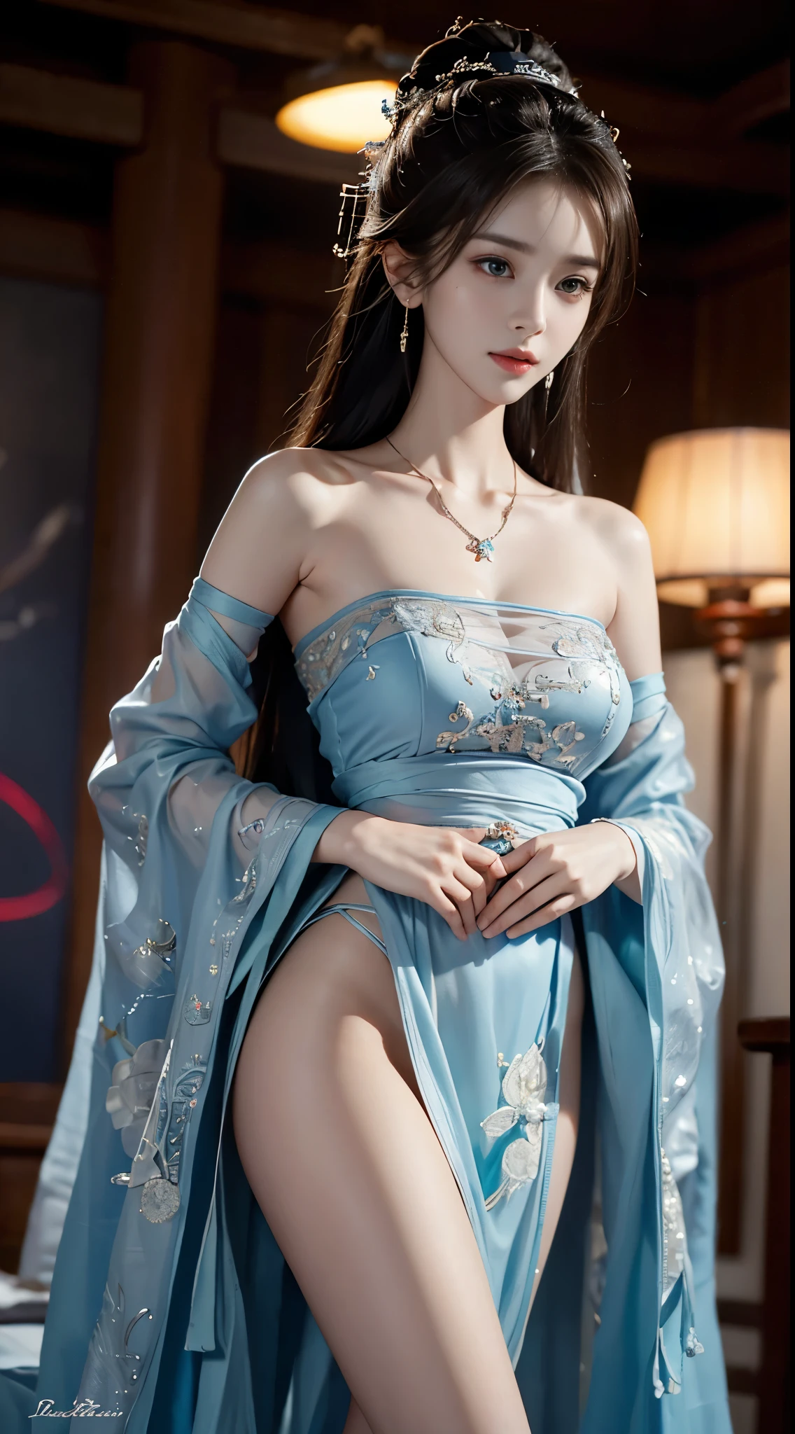 gufeng,bare shoulders, ((whole body)), ((from below)), ((gufeng,bare shoulders)), clear face, pretty face, 8k, masterpiece, original photo, best quality, detail:1.2,lifelike, detail, Very detailed, CG, Unite, wallpaper, depth of field, movie light, lens flare, Ray tracing, (extremely beautiful face, beautiful lips, beautiful eyes), complex, detail的脸, ((ultra detailed skin)), 1 girl, in the darkness, deep shadow, beautiful korean girl, kpop idol,(Very slim figure:1.3), plump breasts, Slender sexy legs, elegant posture, (bright smile), (City night, (neon lights), (night), beautiful korean girl, white diamond earrings, diameter bracelet, Dia Necklace, clear eyes, facing forward, (big eyes)