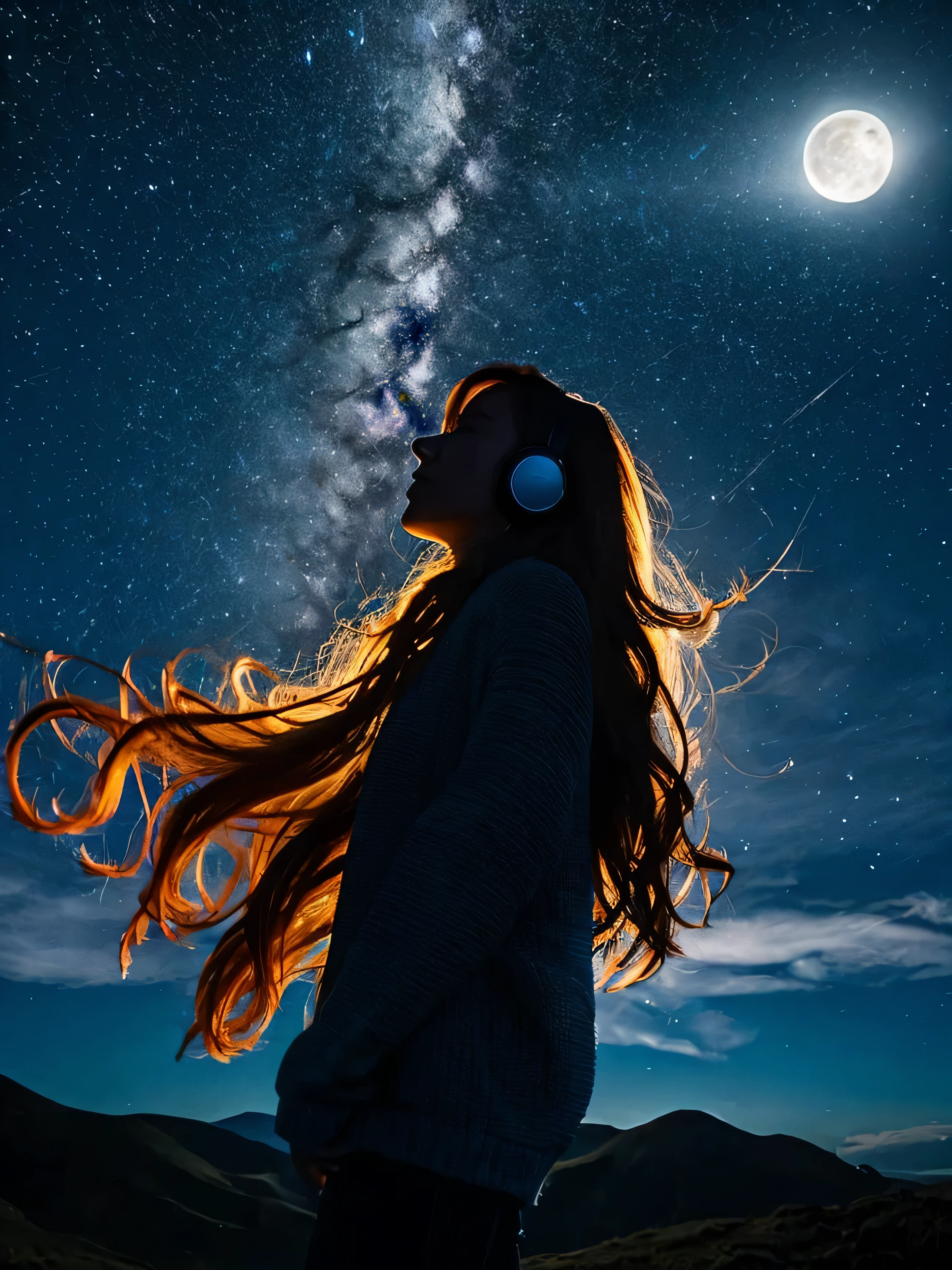 masterpiece, highest quality, night, hills, cloud, full moon, long hair, woman, silhouette, firefly.Wide sky,wear headphones,shooting star