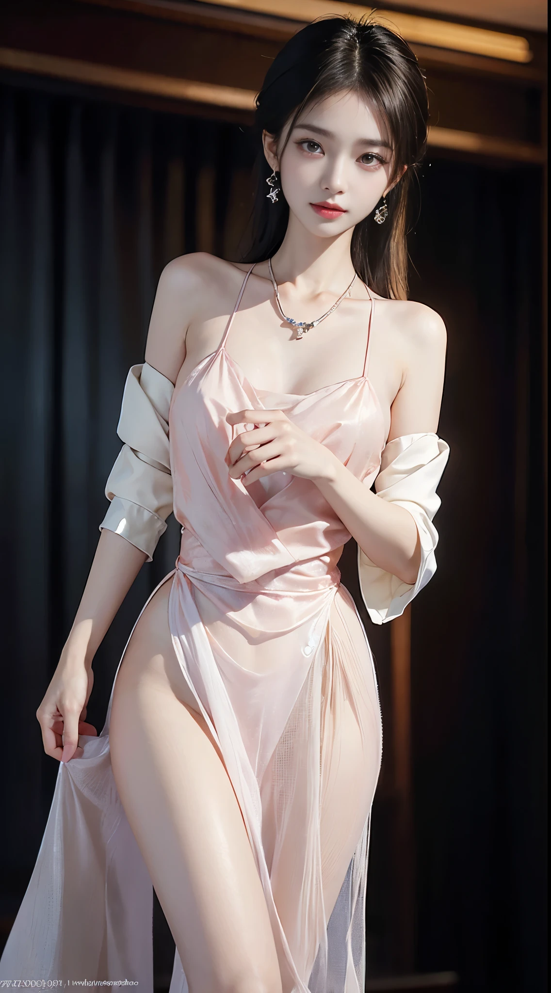 gufeng,bare shoulders, ((whole body)), ((from below)), ((gufeng,bare shoulders)), clear face, pretty face, 8k, masterpiece, original photo, best quality, detail:1.2,lifelike, detail, Very detailed, CG, Unite, wallpaper, depth of field, movie light, lens flare, Ray tracing, (extremely beautiful face, beautiful lips, beautiful eyes), complex, detail的脸, ((ultra detailed skin)), 1 girl, in the darkness, deep shadow, beautiful korean girl, kpop idol,(Very slim figure:1.3), plump breasts, Slender sexy legs, elegant posture, (bright smile), (City night, (neon lights), (night), beautiful korean girl, white diamond earrings, diameter bracelet, Dia Necklace, clear eyes, facing forward, (big eyes)