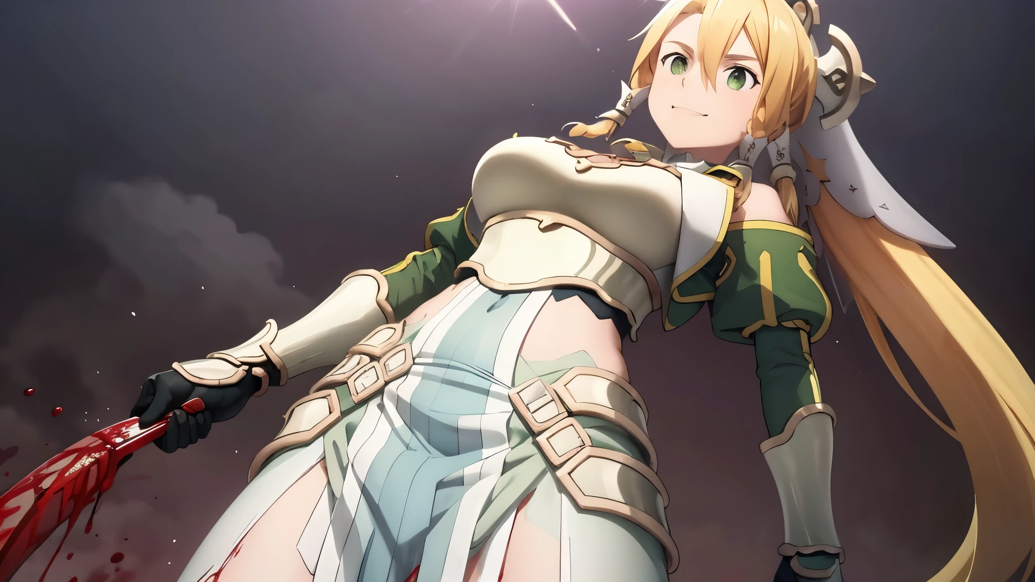 girl 1, belly button, big breasts, femdom, Blood on the armor, Blood in the belly button, Blood in the stomach, Blood on the breasts, tall, belly buttonに血 ,Blood in the stomach, gun, knife, sword, war, underwear, kill, Behead, shot from below, sensual, Blood on the breasts, smile