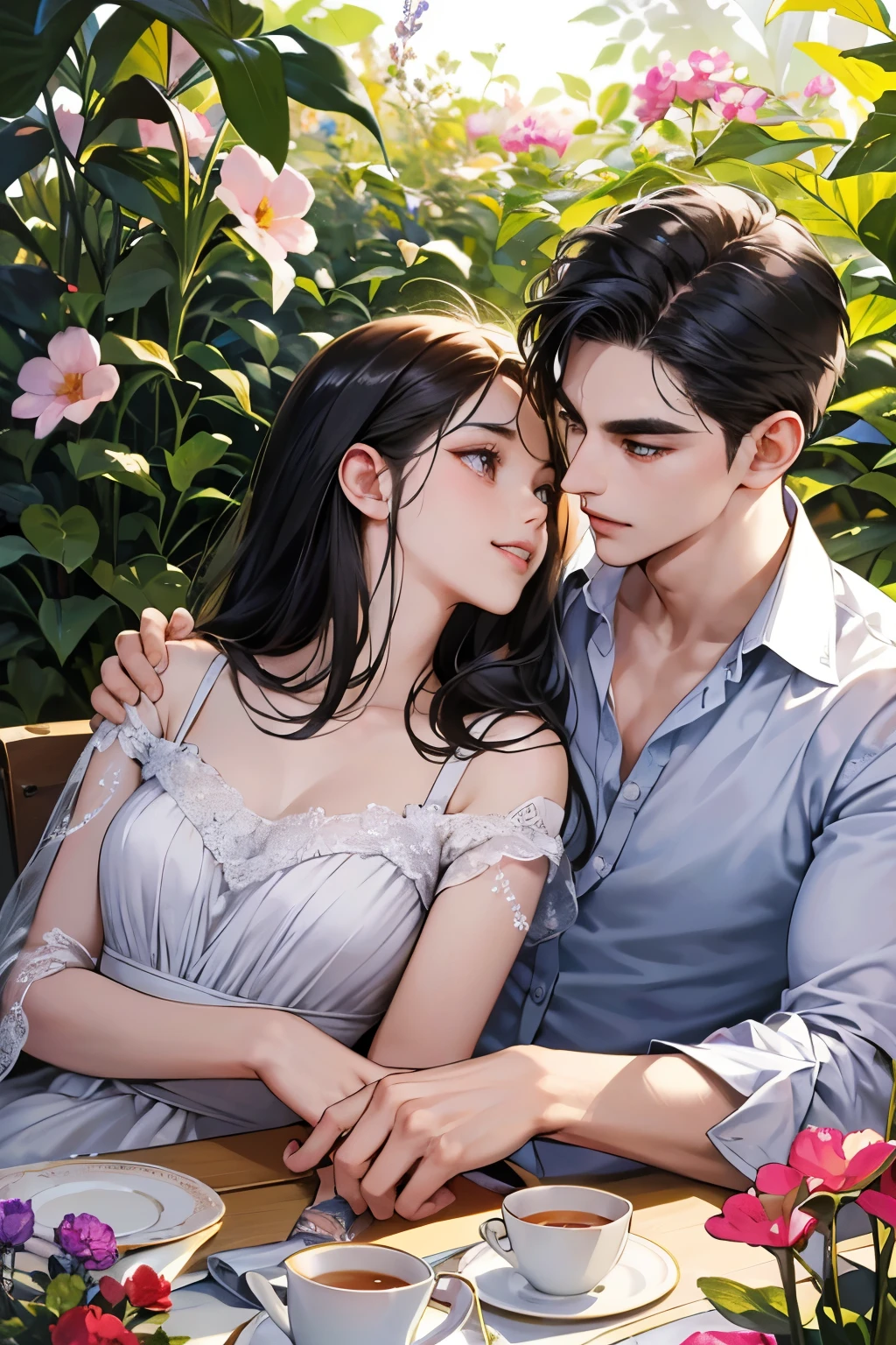 (table top, digital art, digital illustration, 4k, 8k, super detailed, beautiful images, clear image, realistic, RAW photo, perfect face, perfect lines, perfect eyes, soft lighting) ,1 female, (long black hair,straight hair,bullish look,beautiful woman,grace,Make up well,23 is a novel,:1.3),Two handsome men in suits, (human,muscular,solid shoulder width, mens,boyish hairstyle,british gentleman's style,A man in his 30s with a cool expression,28 year old man with a bright smile:1.2),Show your white teeth and smile(embarrassing,shy smile:1.1),garden full of light、squirt、resort sofa、colorful flowers、innocent smile,smile、couple kissing、kiss、the kiss、romance、Afternoon tea、lunch