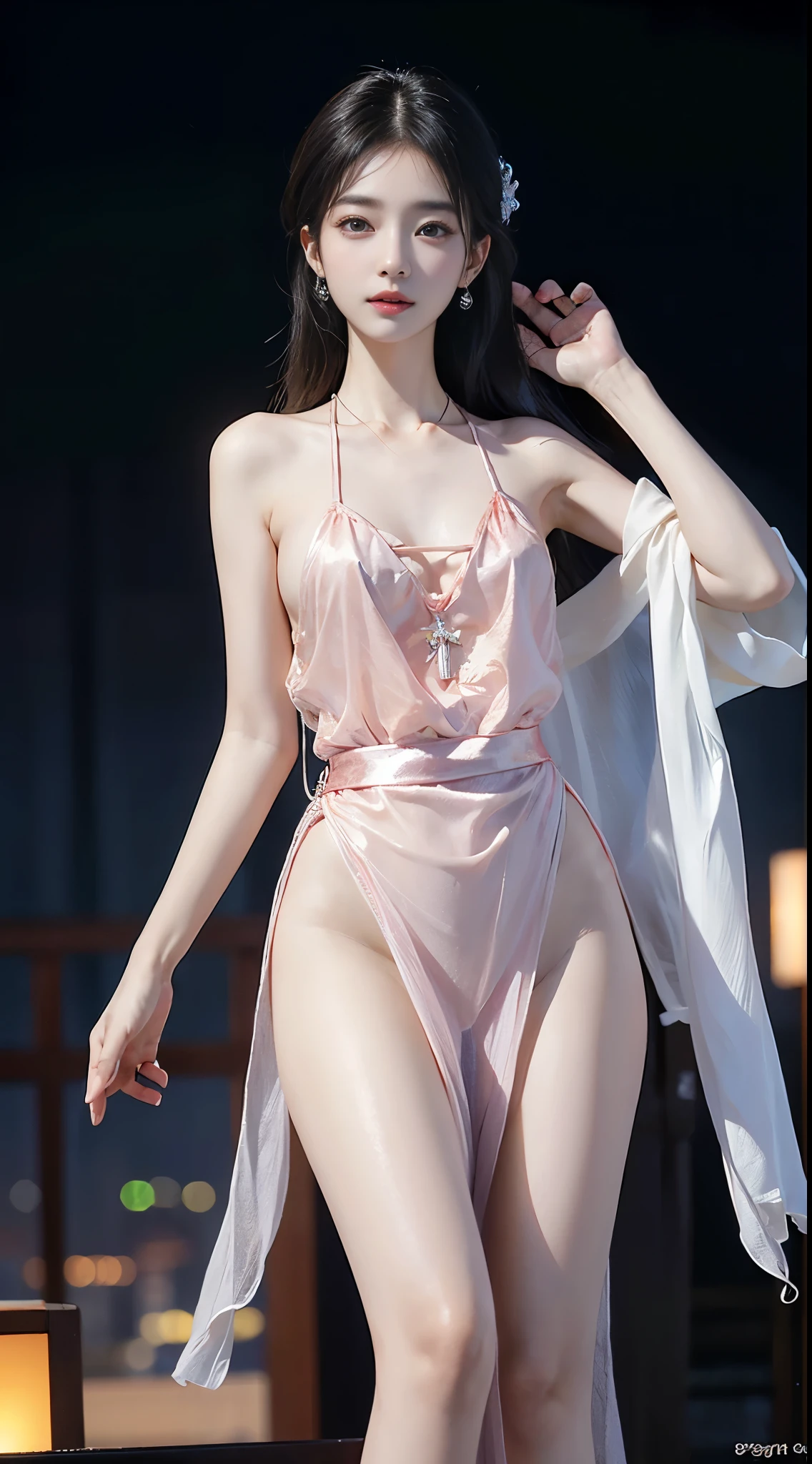 gufeng,bare shoulders, ((whole body)), ((from below)), ((gufeng,bare shoulders)), clear face, pretty face, 8k, masterpiece, original photo, best quality, detail:1.2,lifelike, detail, Very detailed, CG, Unite, wallpaper, depth of field, movie light, lens flare, Ray tracing, (extremely beautiful face, beautiful lips, beautiful eyes), complex, detail的脸, ((ultra detailed skin)), 1 girl, in the darkness, deep shadow, beautiful korean girl, kpop idol,(Very slim figure:1.3), plump breasts, Slender sexy legs, elegant posture, (bright smile), (City night, (neon lights), (night), beautiful korean girl, white diamond earrings, diameter bracelet, Dia Necklace, clear eyes, facing forward, (big eyes)