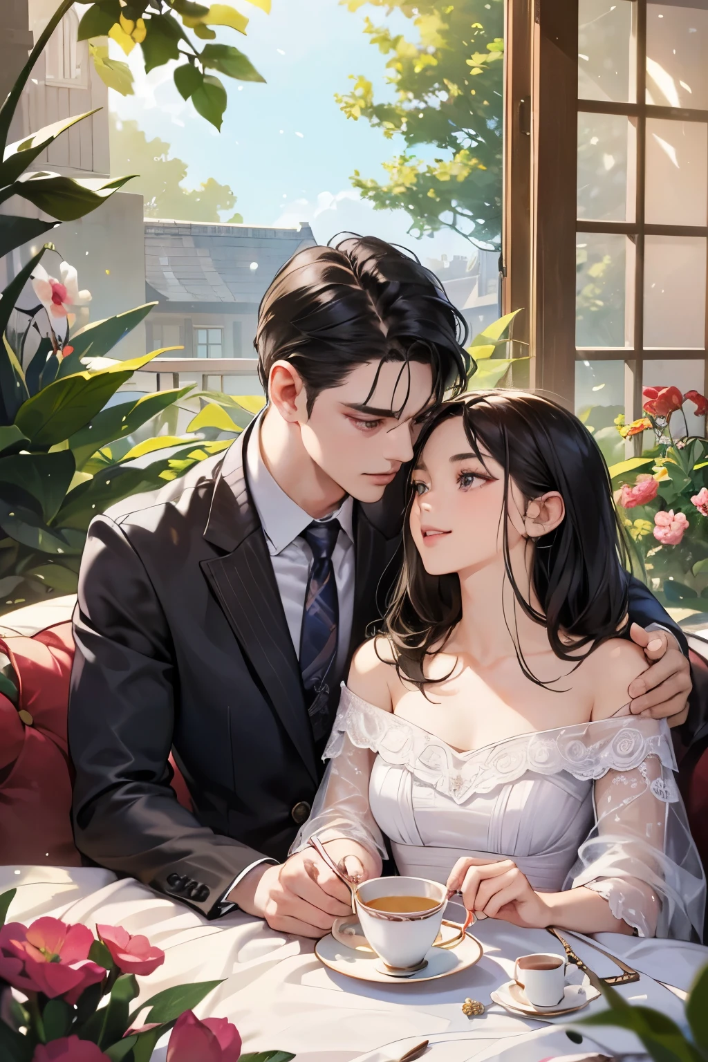 (table top, digital art, digital illustration, 4k, 8k, super detailed, beautiful images, clear image, realistic, RAW photo, perfect face, perfect lines, perfect eyes, soft lighting) ,1 female, (long black hair,straight hair,bullish look,beautiful woman,grace,Make up well,23 is a novel,:1.3),Two handsome men in suits, (human,muscular,solid shoulder width, mens,boyish hairstyle,british gentleman's style,A man in his 30s with a cool expression,28 year old man with a bright smile:1.2),Show your white teeth and smile(embarrassing,shy smile:1.1),garden full of light、squirt、resort sofa、colorful flowers、innocent smile,smile、couple kissing、kiss、the kiss、romance、Afternoon tea、lunch