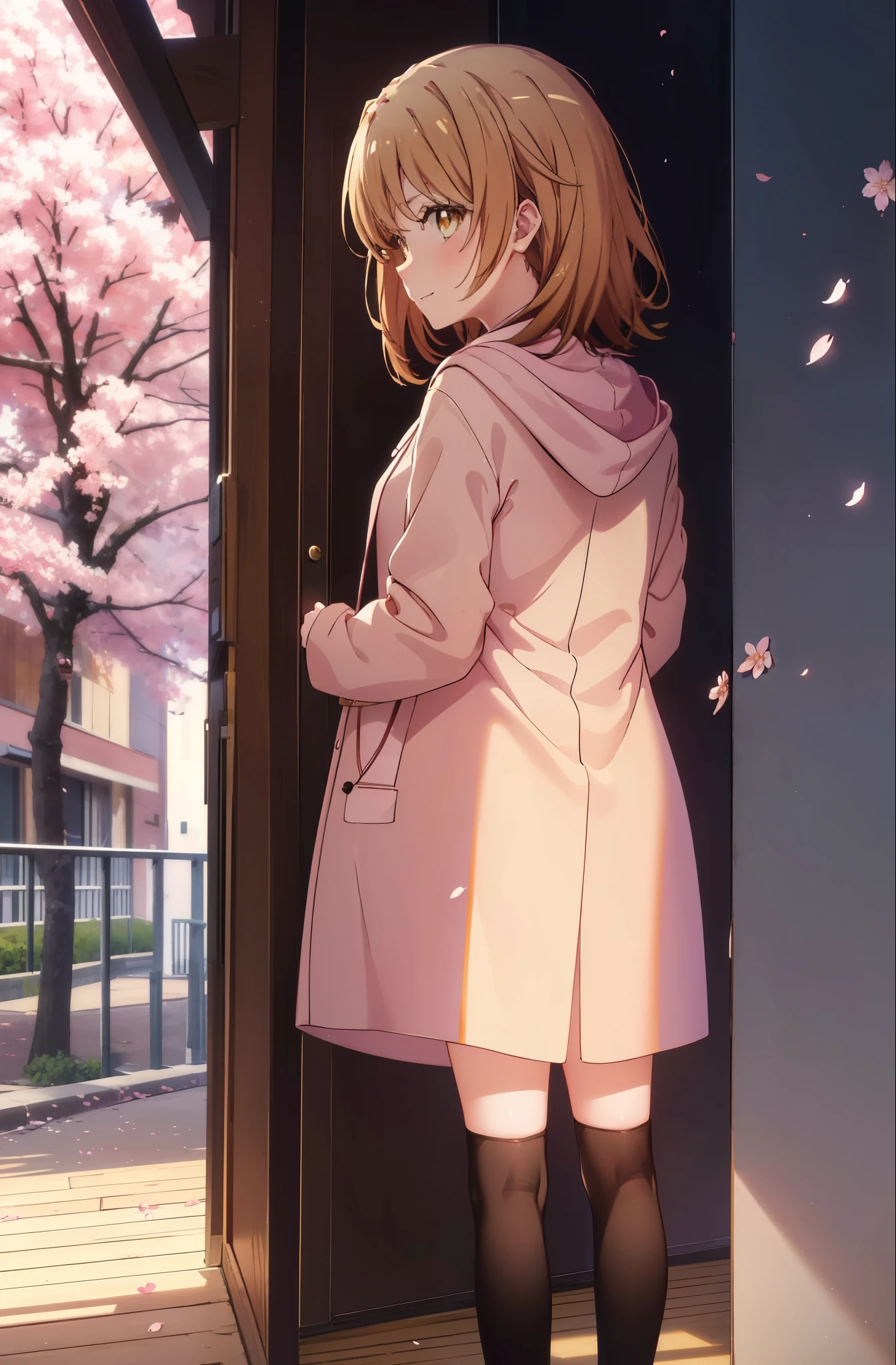 irohaisshiki, iroha isshiki, short hair, brown hair, (brown eyes:1.5), blush,smile,open your mouth,Pink hoodie,shorts,black tights,Knee-high boots,standing with one&#39;s back against the wall,Many cherry blossoms are blooming,Cherry blossoms are scattered,
break indoors, Cherry blossom tree-lined path,
break looking at viewer,
break (masterpiece:1.2), highest quality, High resolution, unity 8k wallpaper, (figure:0.8), (detailed and beautiful eyes:1.6), highly detailed face, perfect lighting, Very detailed CG, (perfect hands, perfect anatomy),