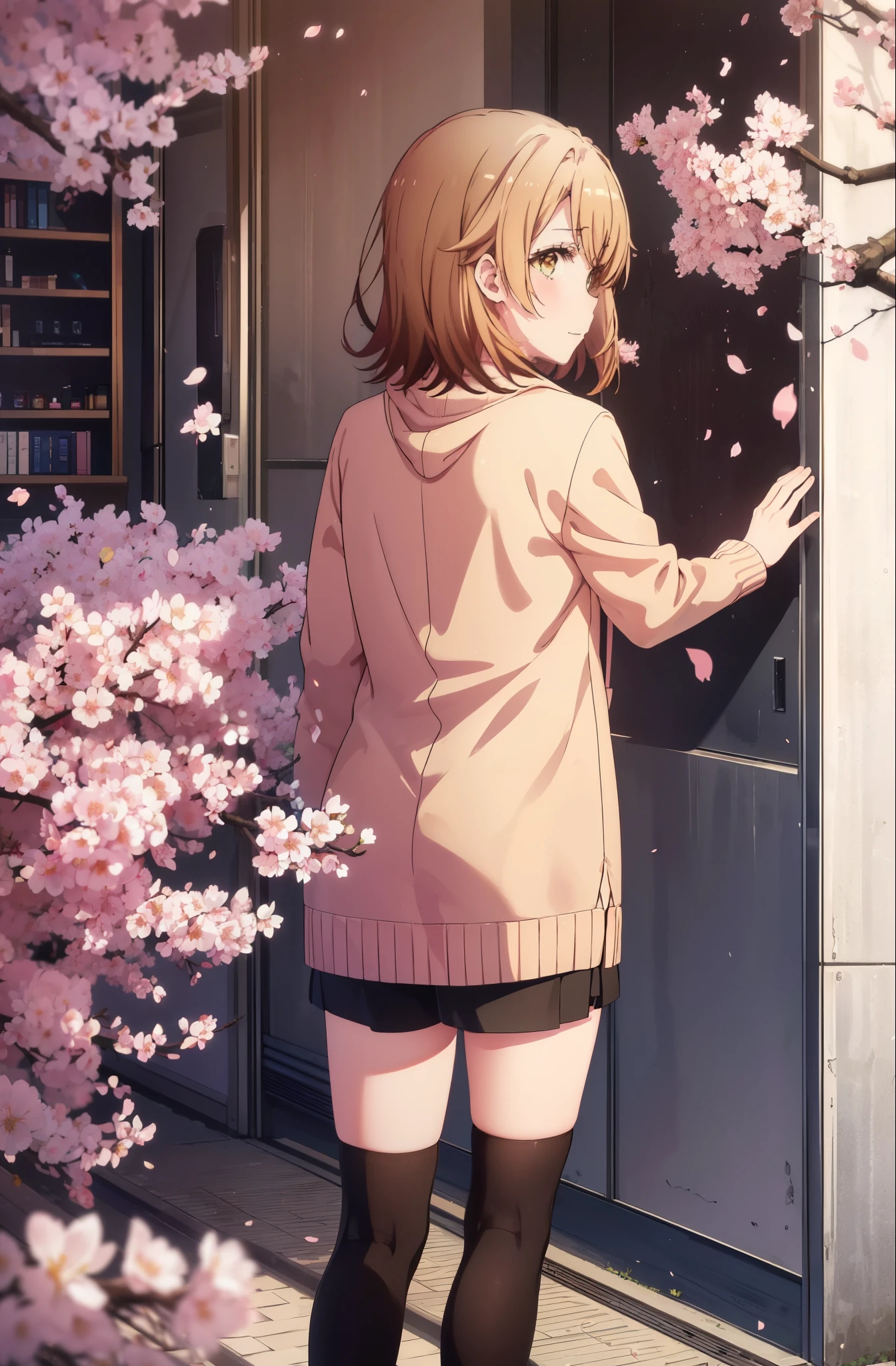 irohaisshiki, iroha isshiki, short hair, brown hair, (brown eyes:1.5), blush,smile,open your mouth,Pink hoodie,shorts,black tights,Knee-high boots,standing with one&#39;s back against the wall,Many cherry blossoms are blooming,Cherry blossoms are scattered,
break indoors, Cherry blossom tree-lined path,
break looking at viewer,
break (masterpiece:1.2), highest quality, High resolution, unity 8k wallpaper, (figure:0.8), (detailed and beautiful eyes:1.6), highly detailed face, perfect lighting, Very detailed CG, (perfect hands, perfect anatomy),