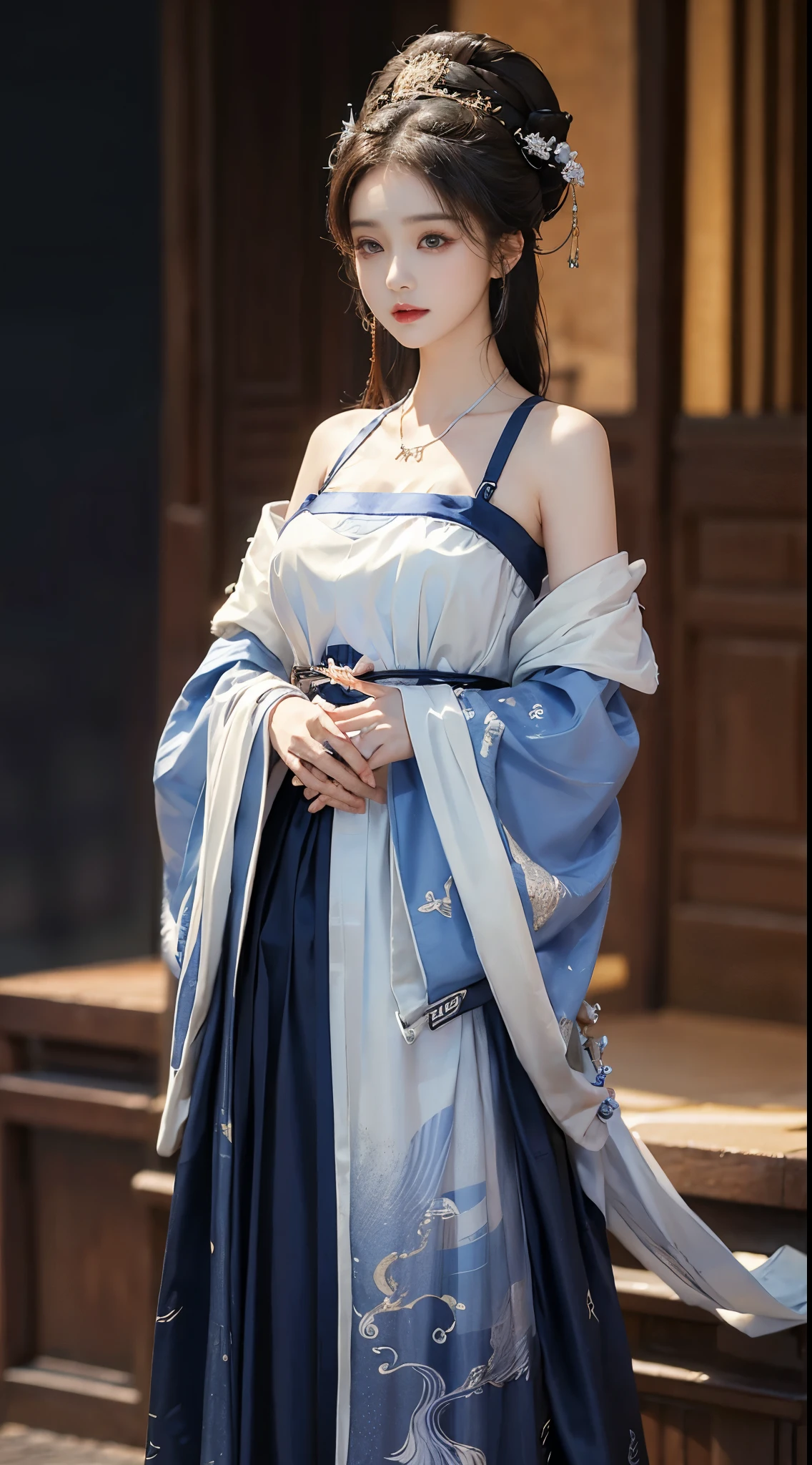 elaborate Hanfu, ((whole body)), ((from below)), ((gufeng,bare shoulders)), clear face, pretty face, 8k, masterpiece, original photo, best quality, detail:1.2,lifelike, detail, Very detailed, CG, Unite, wallpaper, depth of field, movie light, lens flare, Ray tracing, (extremely beautiful face, beautiful lips, beautiful eyes), complex, detail的脸, ((ultra detailed skin)), 1 girl, in the darkness, deep shadow, beautiful korean girl, kpop idol,(Very slim figure:1.3), plump breasts, Slender sexy legs, elegant posture, (bright smile), (City night, (neon lights), (night), beautiful korean girl, white diamond earrings, diameter bracelet, Dia Necklace, clear eyes, facing forward, (big eyes)