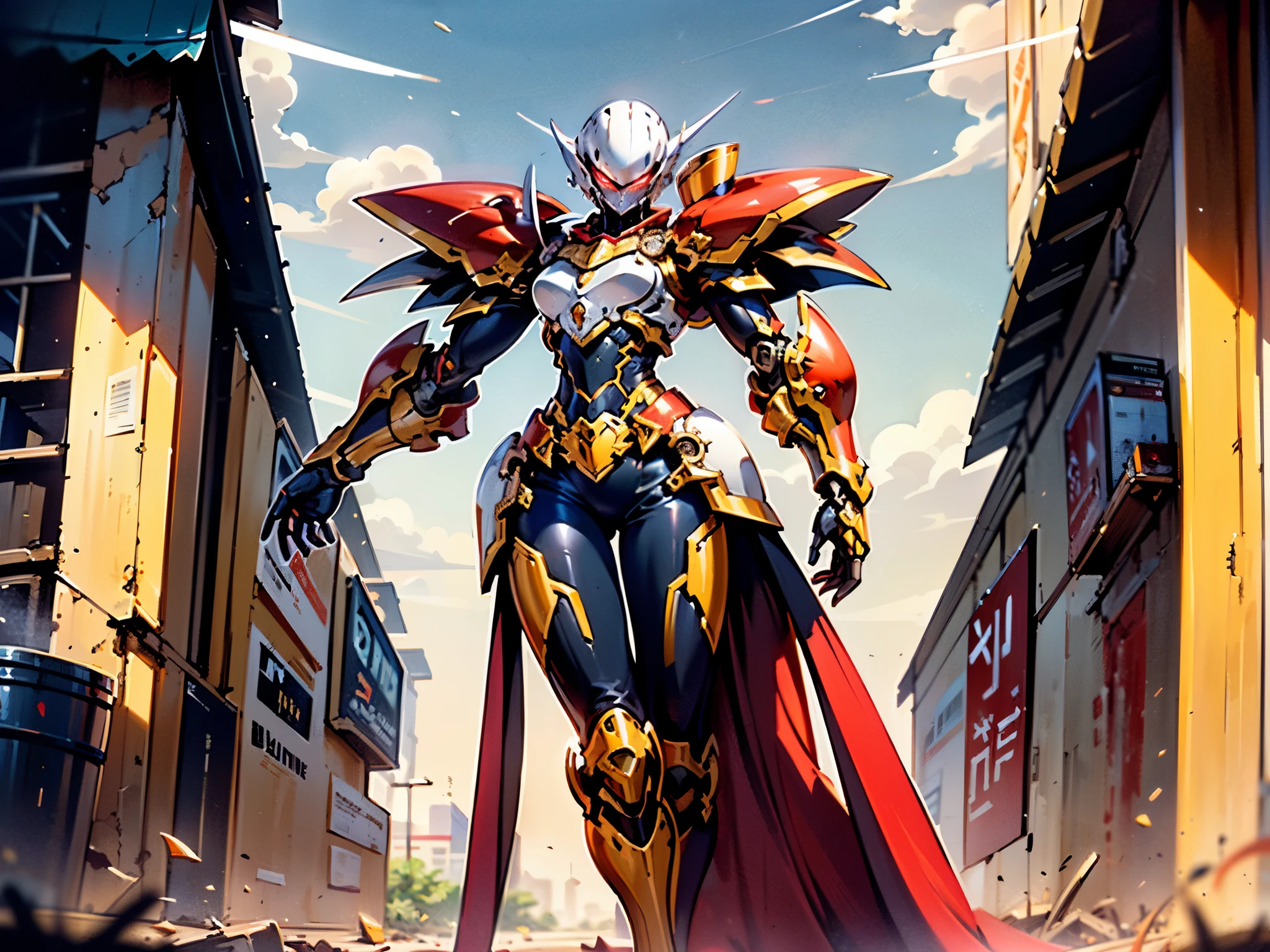 A woman adorned in fantasy-style full-body armor, a crown-concept fully enclosed helmet that unveils only her eyes, a composite layered chest plate, fully encompassing shoulder and hand guards, a lightweight waist armor, form-fitting shin guards, the overall design is heavy-duty yet flexible, ((the armor gleams with a golden glow, complemented by red and blue accents)), exhibiting a noble aura, she floats above a fantasy-surreal high-tech city, this character embodies a finely crafted fantasy-surreal style armored hero in anime style, exquisite and mature manga art style, (Queen bee mixed with Spider concept Armor, plasma, blood), ((Element, energy, elegant, goddess, femminine:1.5)), metallic, high definition, best quality, highres, ultra-detailed, ultra-fine painting, extremely delicate, professional, anatomically correct, symmetrical face, extremely detailed eyes and face, high quality eyes, creativity, RAW photo, UHD, 32k, Natural light, cinematic lighting, masterpiece-anatomy-perfect, masterpiece:1.5