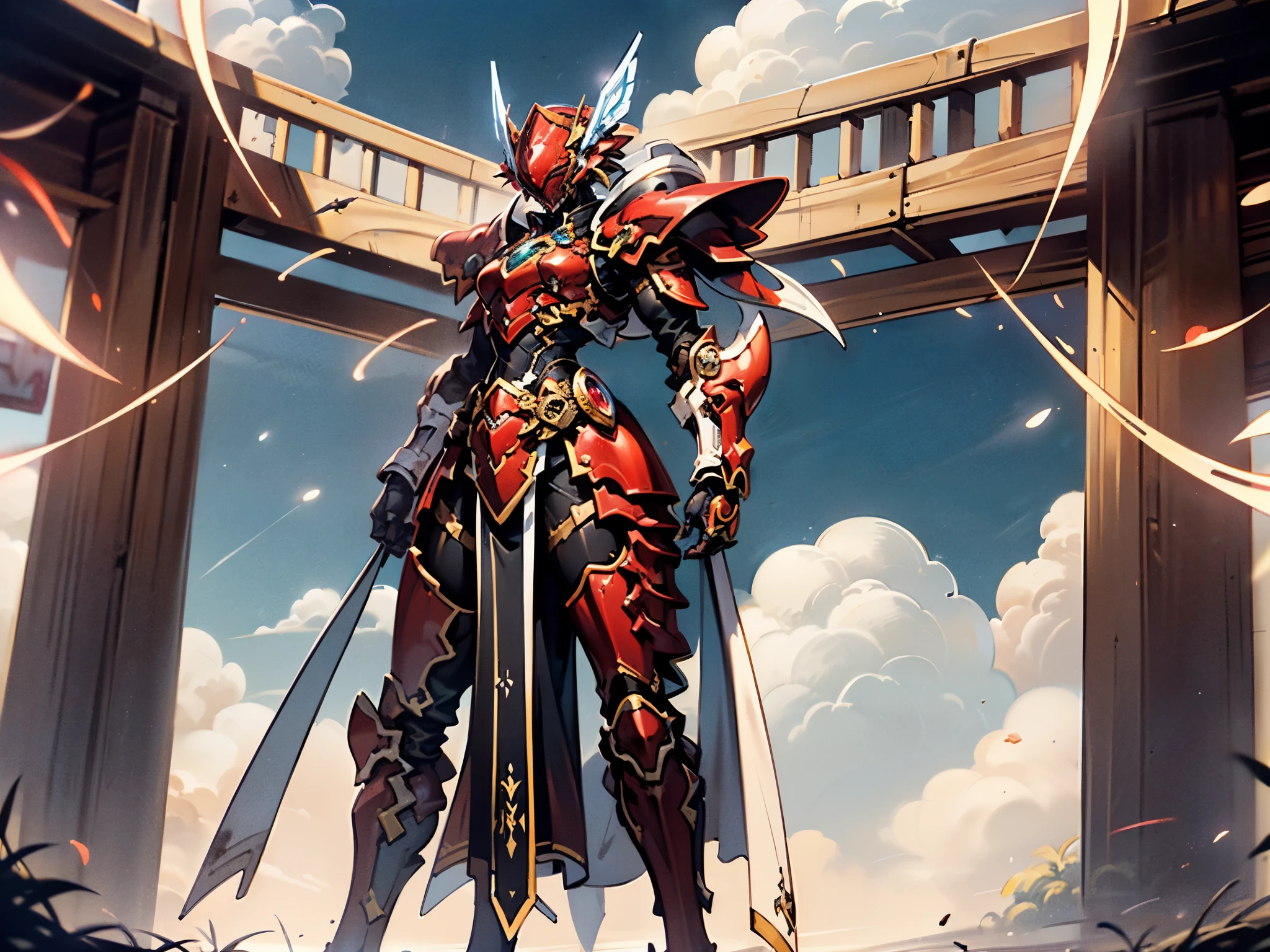 A woman adorned in fantasy-style full-body armor, a crown-concept fully enclosed helmet that unveils only her eyes, a composite layered chest plate, fully encompassing shoulder and hand guards, a lightweight waist armor, form-fitting shin guards, the overall design is heavy-duty yet flexible, ((the armor gleams with a golden glow, complemented by red and blue accents)), exhibiting a noble aura, she floats above a fantasy-surreal high-tech city, this character embodies a finely crafted fantasy-surreal style armored hero in anime style, exquisite and mature manga art style, (Queen bee mixed with Spider concept Armor, plasma, blood), ((Element, energy, elegant, goddess, femminine:1.5)), metallic, high definition, best quality, highres, ultra-detailed, ultra-fine painting, extremely delicate, professional, anatomically correct, symmetrical face, extremely detailed eyes and face, high quality eyes, creativity, RAW photo, UHD, 32k, Natural light, cinematic lighting, masterpiece-anatomy-perfect, masterpiece:1.5