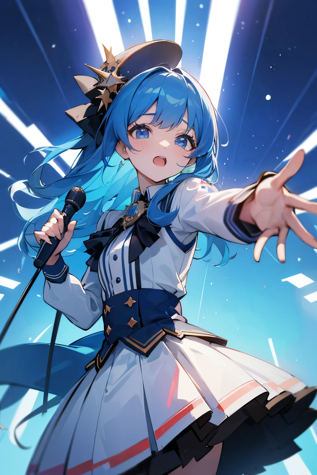 (masterpiece、highest quality)、VTUBER idols are singing songs、facing the front、blue hair