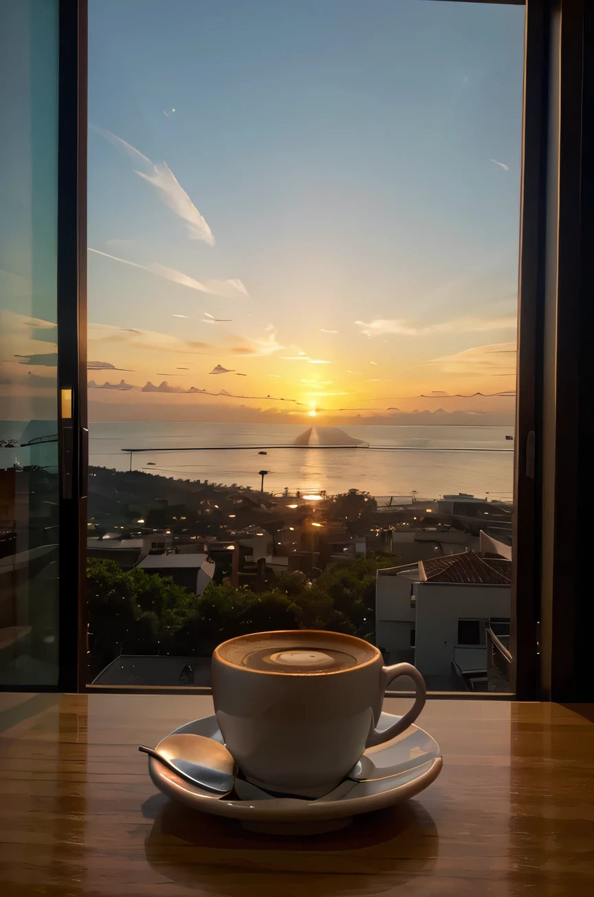 An image containing a sunset scene with a cup of coffee