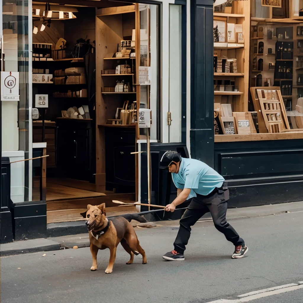 A shop owner beating a dog with stick,